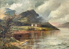 Antique Scottish Highlands Signed Oil Painting Loch Achray Trossachs Hotel
