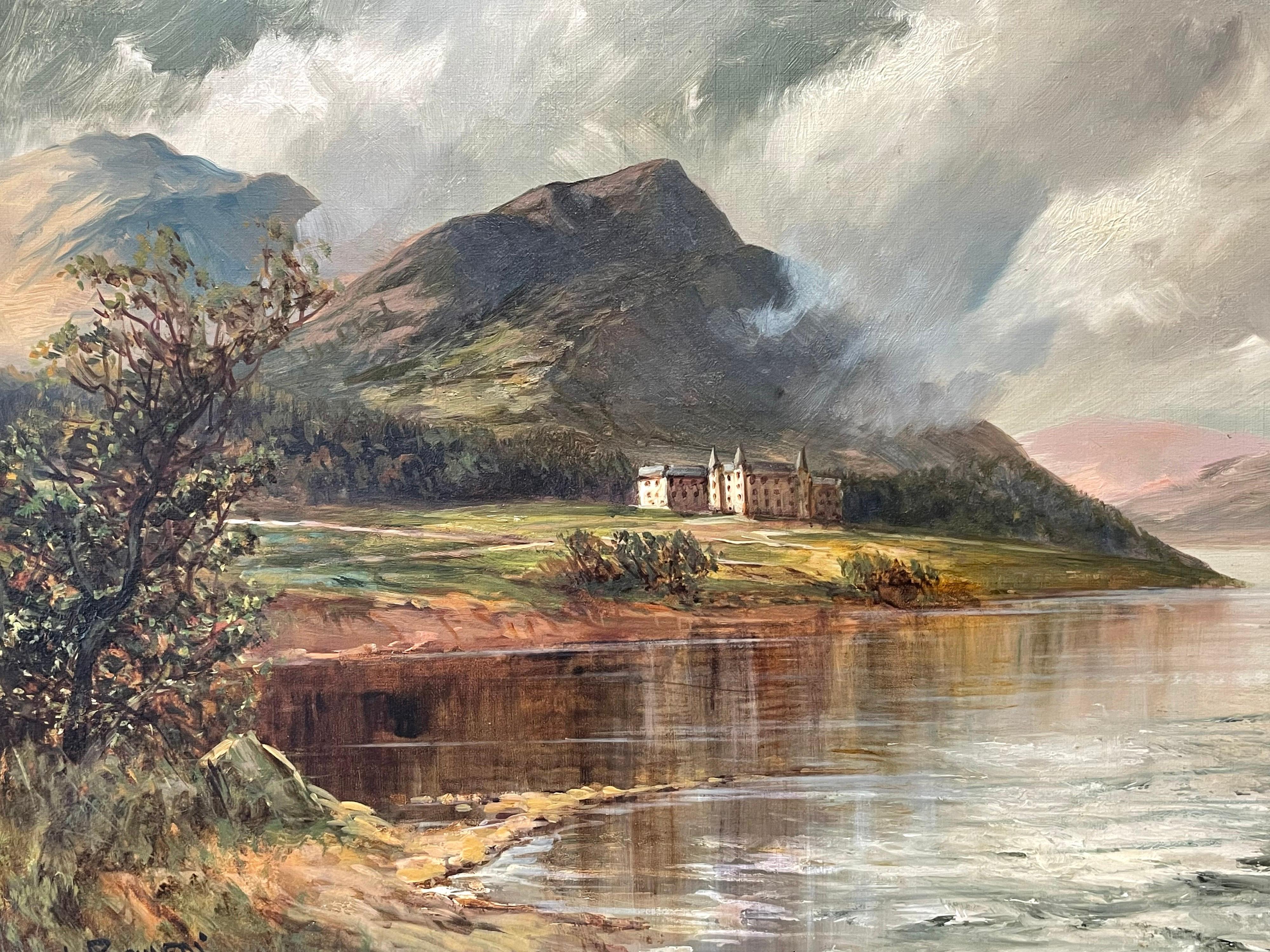 Antiguo cuadro al óleo firmado de las Tierras Altas de Escocia Loch Achray Trossachs Hotel - Painting Victoriano de Francis E. Jamieson
