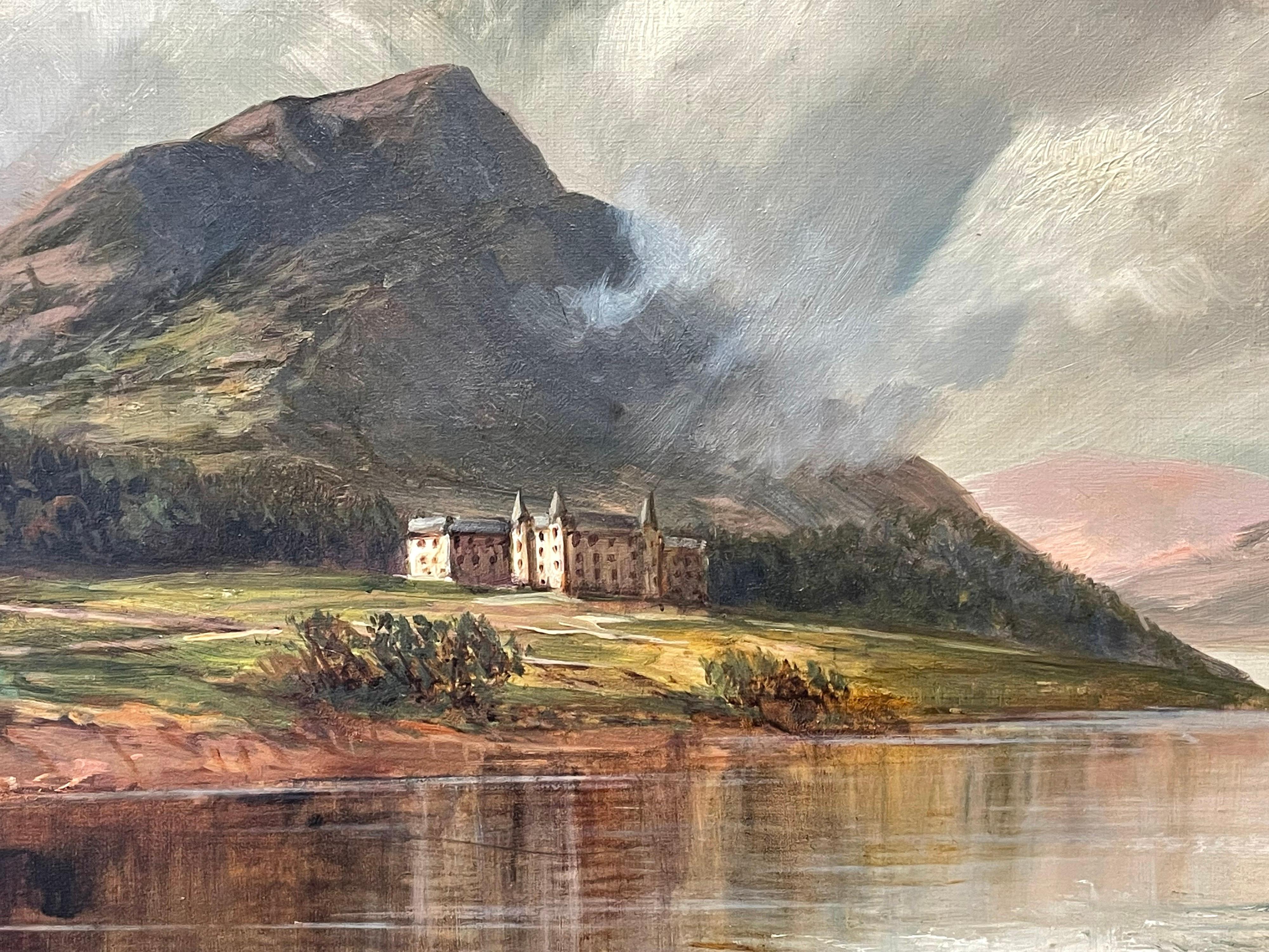Antiguo cuadro al óleo firmado de las Tierras Altas de Escocia Loch Achray Trossachs Hotel - Landscape Painting Marrón de Francis E. Jamieson