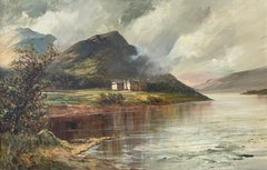 Antiguo cuadro al óleo firmado de las Tierras Altas de Escocia Loch Achray Trossachs Hotel