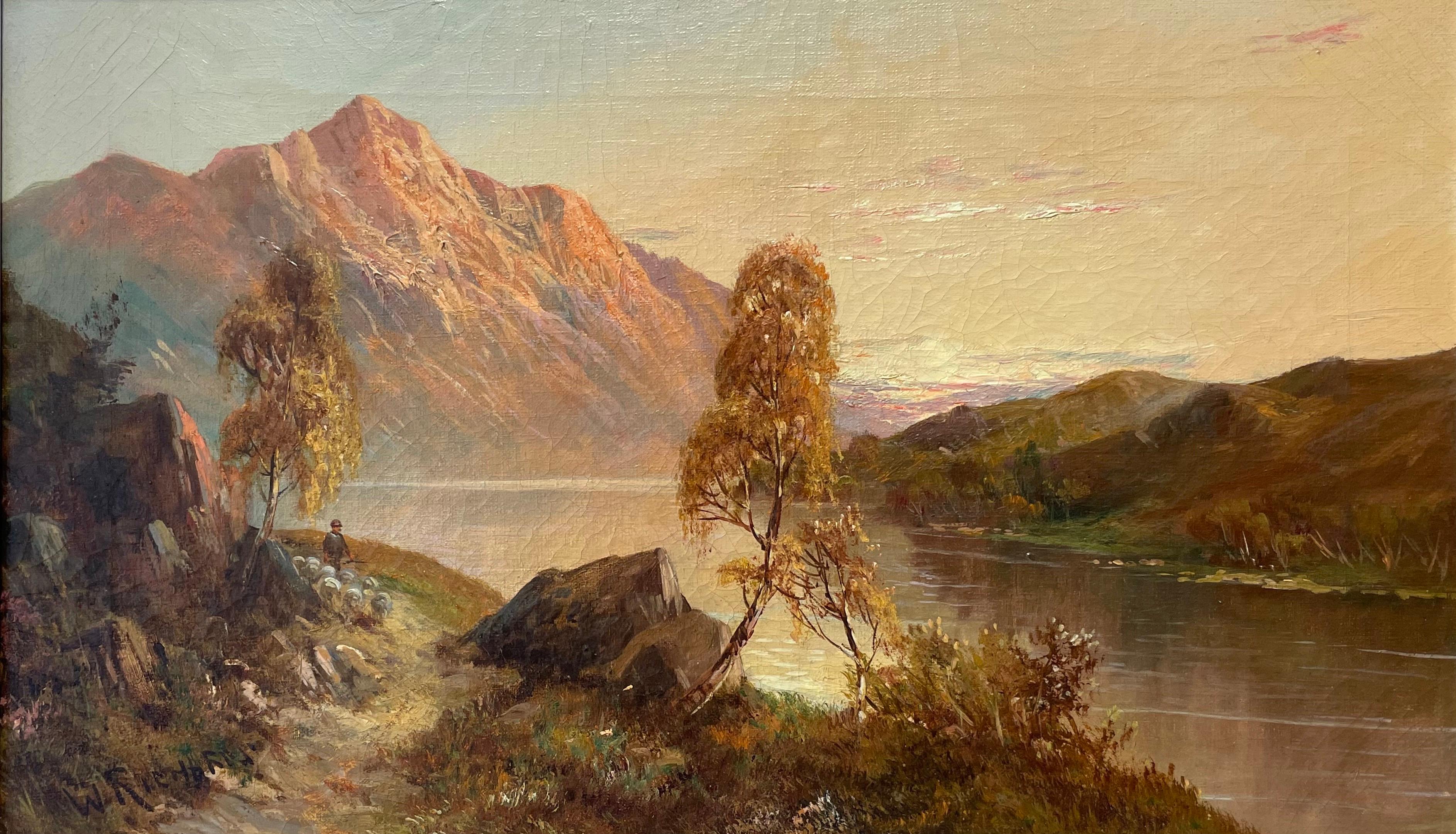 Landscape Painting Francis E. Jamieson - Peinture à l'huile ancienne des Highlands écossais signée « Shepherd & Sheep Sunset Loch »