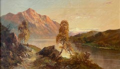 Antique Scottish Highlands Signed Oil Painting Shepherd & Sheep Sunset Loch