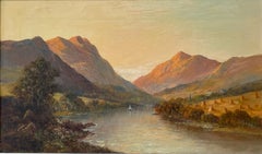 Antique Scottish Highlands Signed Oil Painting Summer Loch Sunset Harvest Field