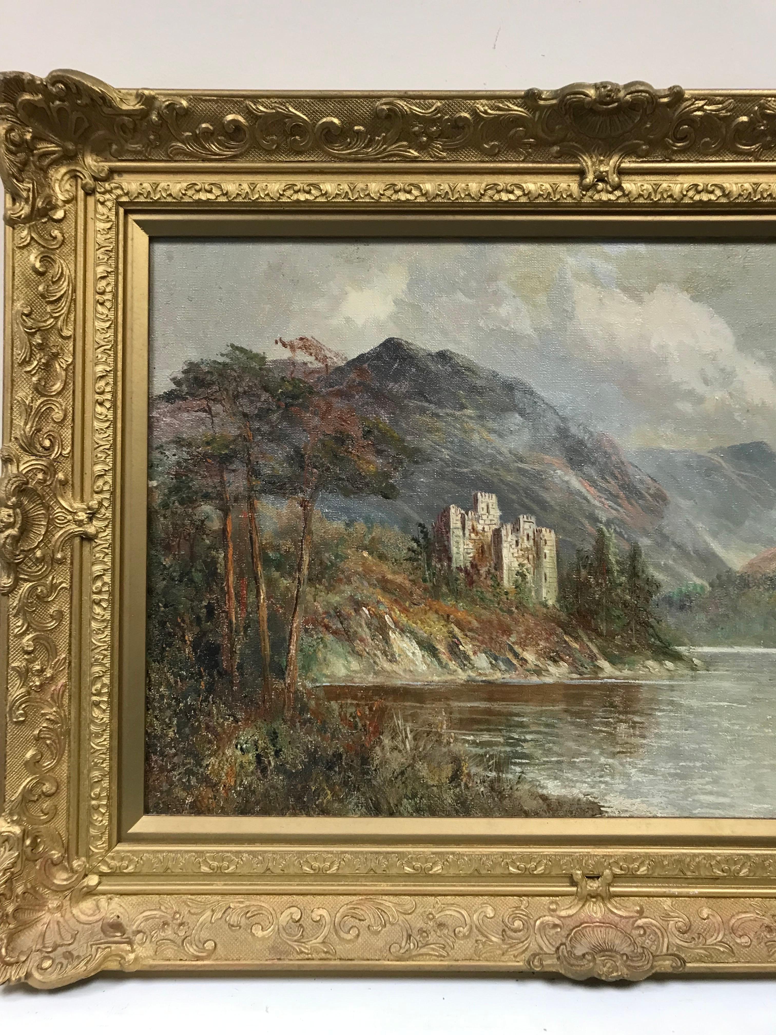 Antique Scottish Oil Painting Ancient Castle standing on Loch Waters, signed - Gray Landscape Painting by Francis E. Jamieson