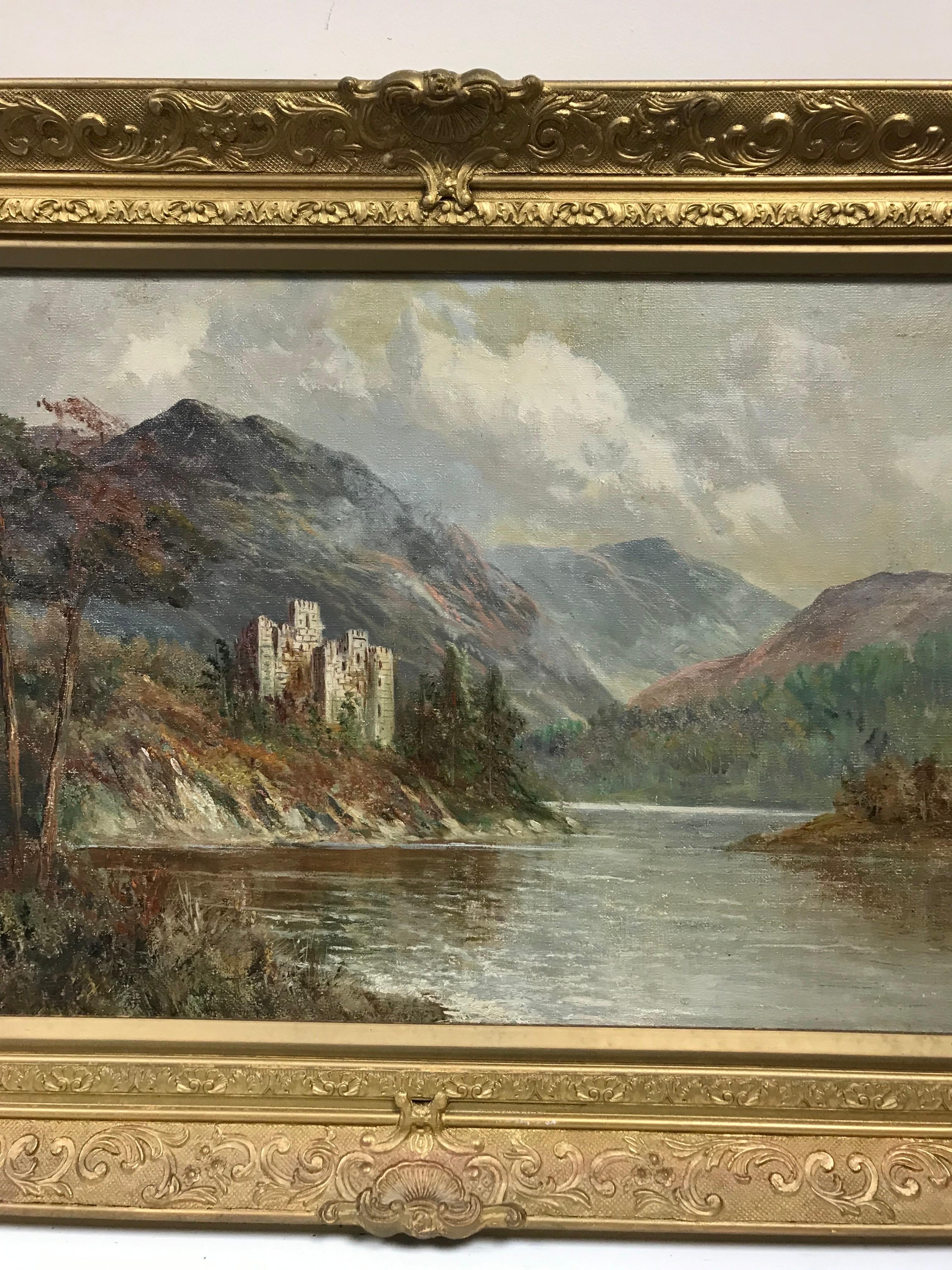 Artist/ School: F. E. Jamieson British, signed verso

Title: The Ancient Castle in the Scottish Highlands

Medium: Oil on canvas, framed

Size:
framed: 22.5 x 30.5 inches
canvas : 16 x 24 inches

Provenance: from a collection in England.