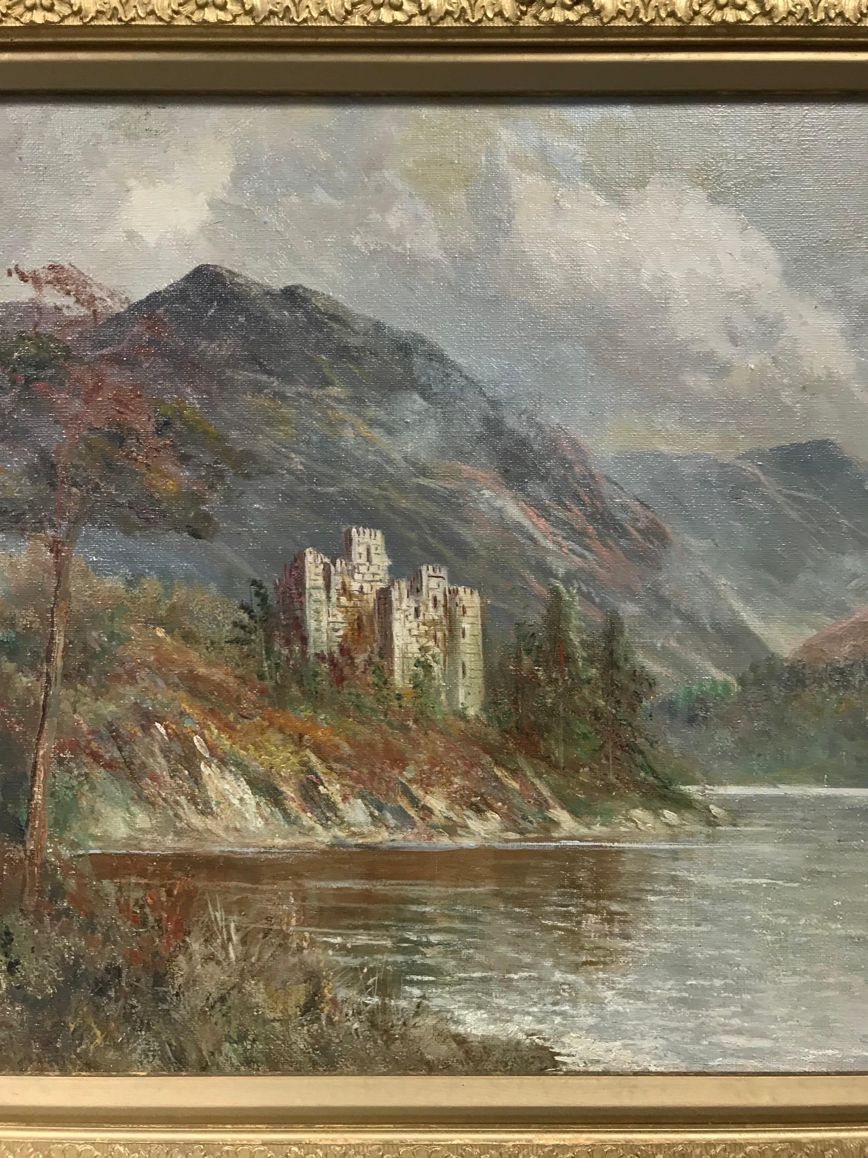 Antique Scottish Oil Painting Ancient Castle standing on Loch Waters, signed For Sale 1