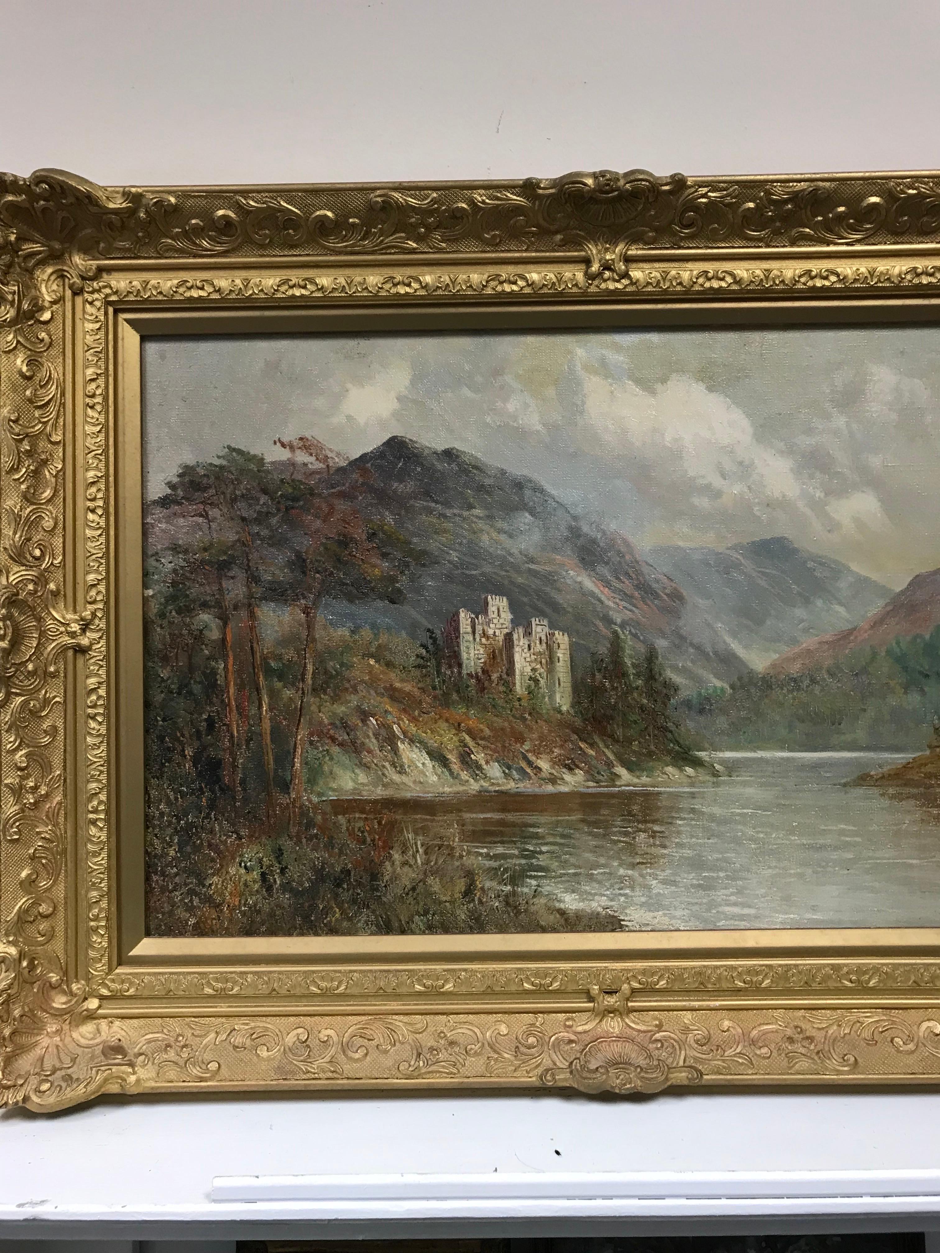 Antique Scottish Oil Painting Ancient Castle standing on Loch Waters, signed For Sale 2