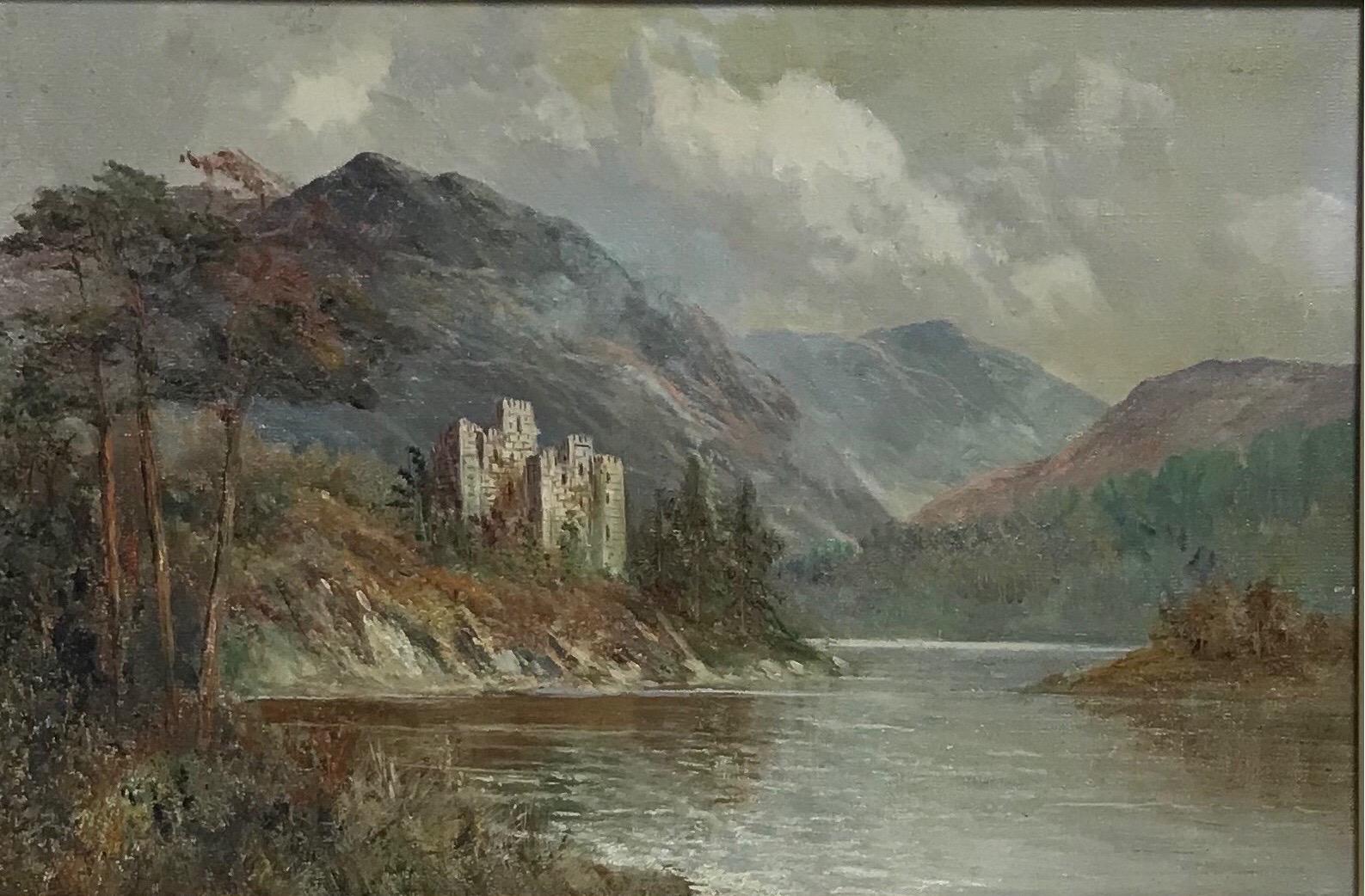 Francis E. Jamieson Landscape Painting - Antique Scottish Oil Painting Ancient Castle standing on Loch Waters, signed