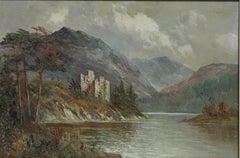 Antique Scottish Oil Painting Ancient Castle standing on Loch Waters, signed