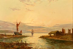 Antique Scottish Oil Painting - Beautiful Sunrise Coastal Harbour with Boats