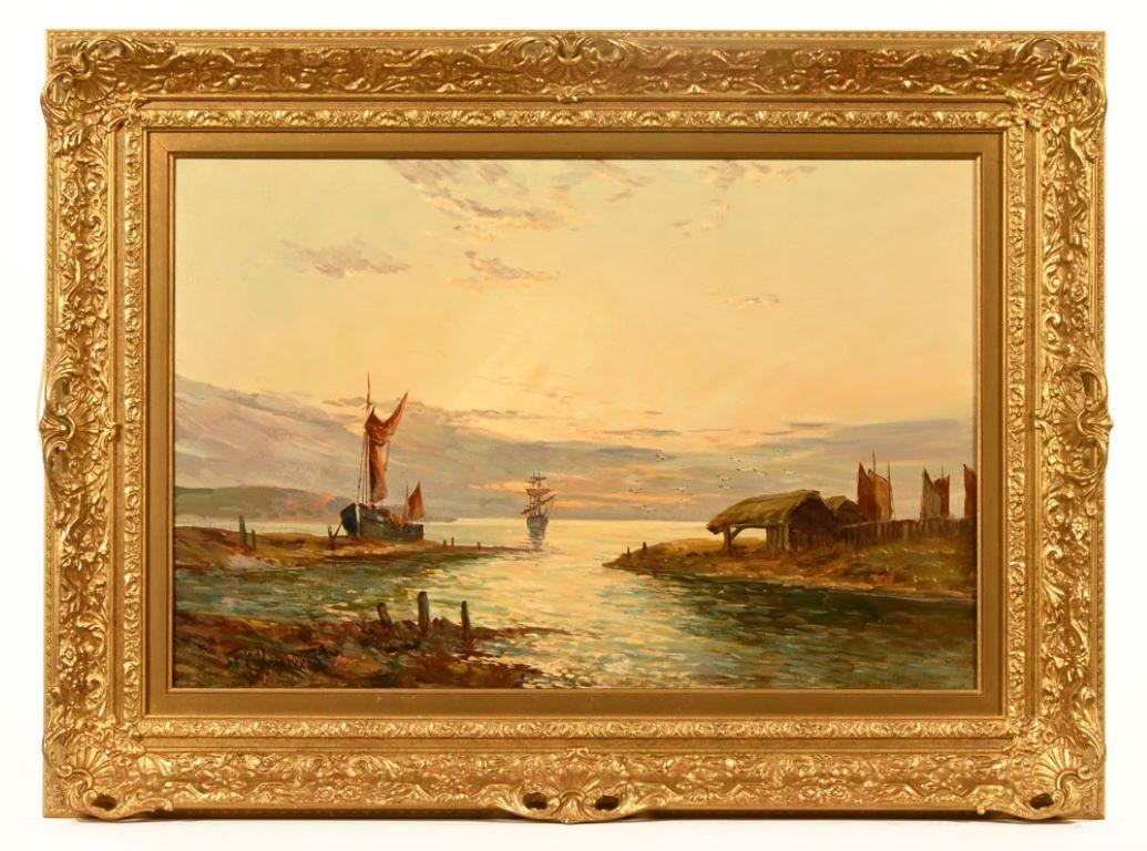 Francis E. Jamieson Landscape Painting - Antique Scottish Oil Painting - Beautiful Sunrise Coastal Harbour with Boats