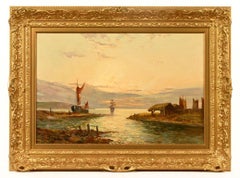 Peinture à l'huile écossaise ancienne - Magnifique port côtier du lever du soleil avec bateaux