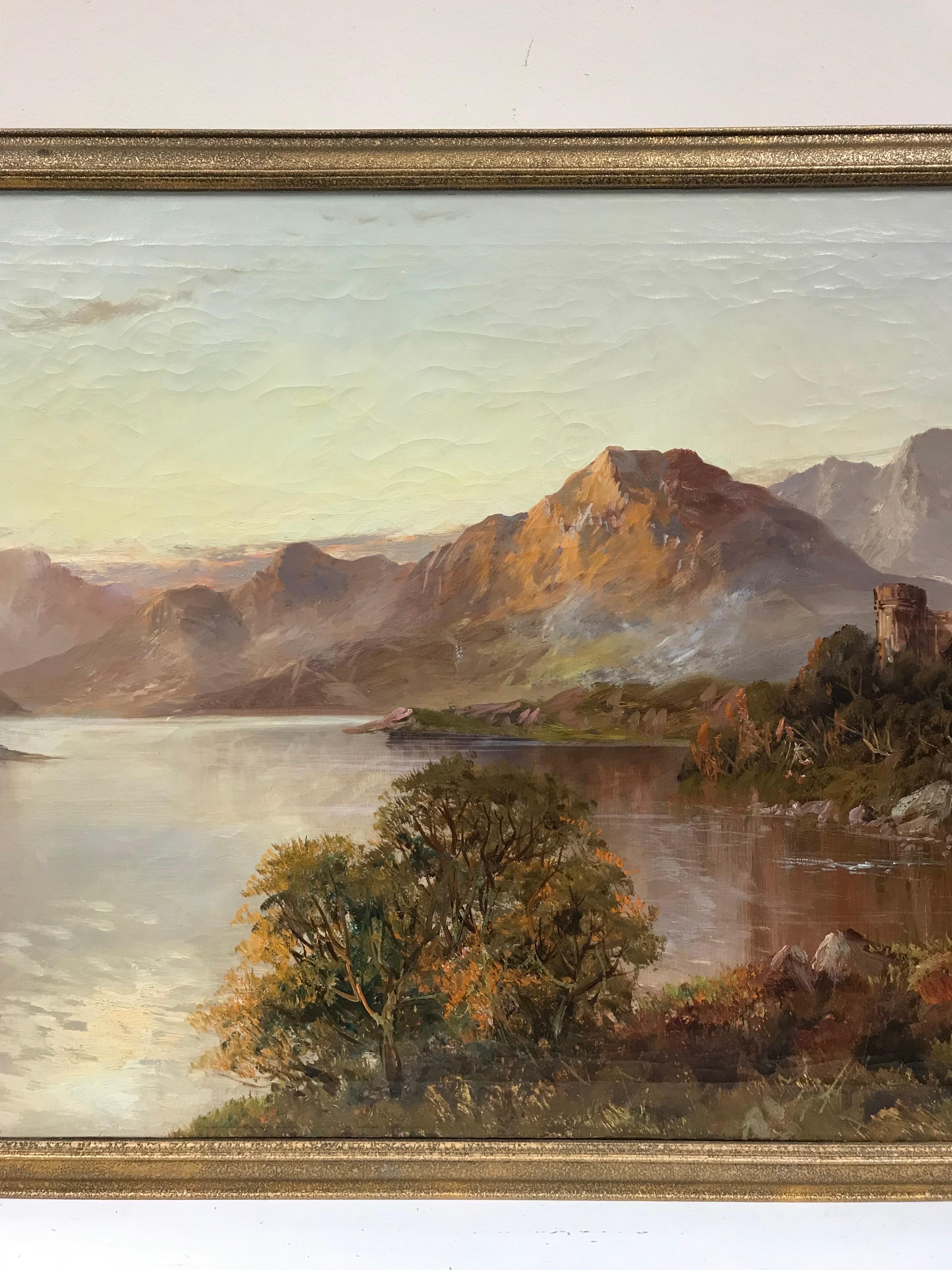 Antique Scottish Oil Painting Castle Ruins Highland Loch Scene Golden Sky - Brown Landscape Painting by Francis E. Jamieson