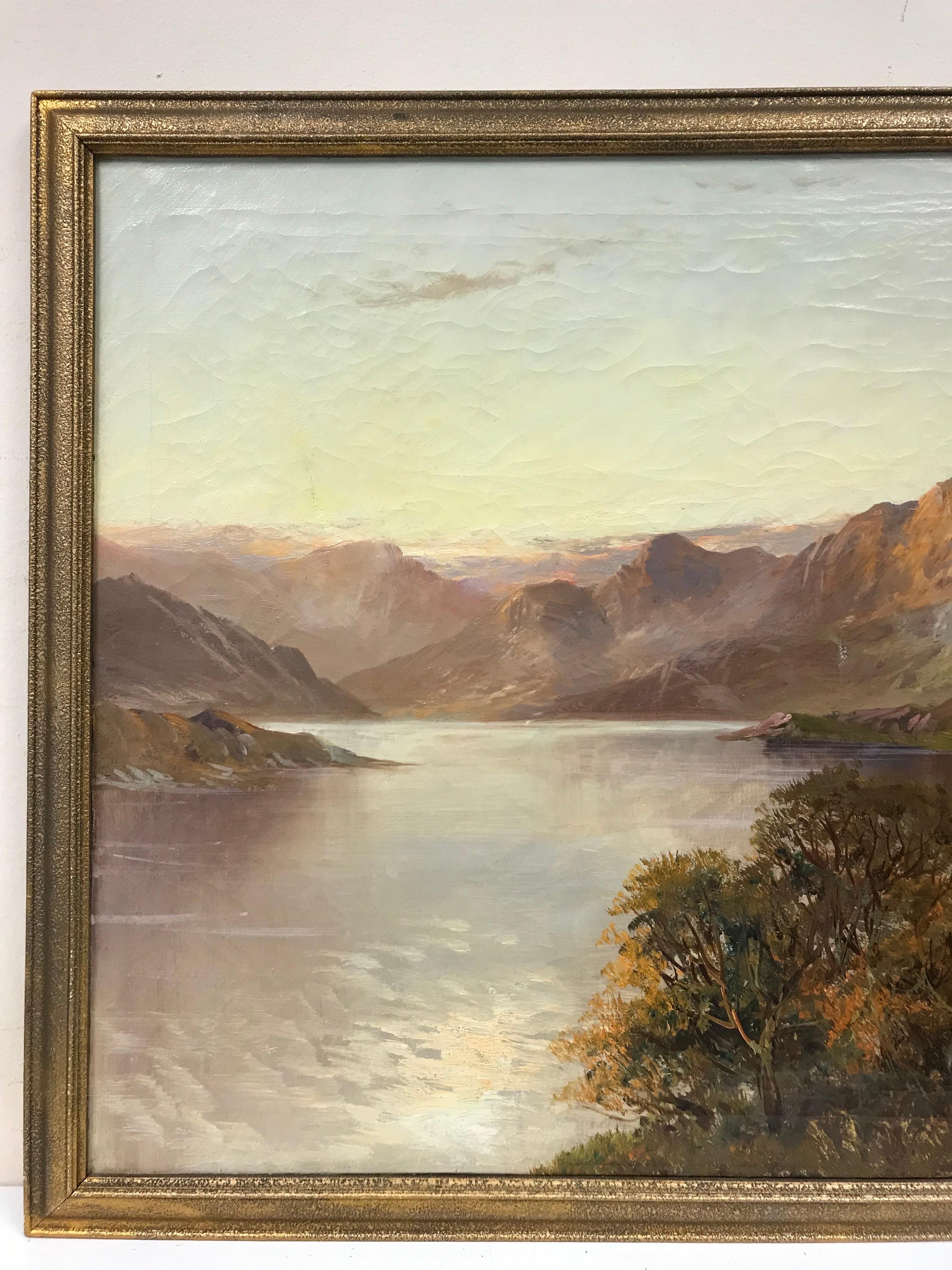 Artist/ School: F. E. Jamieson British 1895-1950, signed

Title: Ancient Castle Ruins overlooking Scottish Highlands Loch scene

Medium: Oil on canvas

Size:
framed: 22 x 32 inches
canvas : 20 x 30 inches

Provenance: from a collection in England.