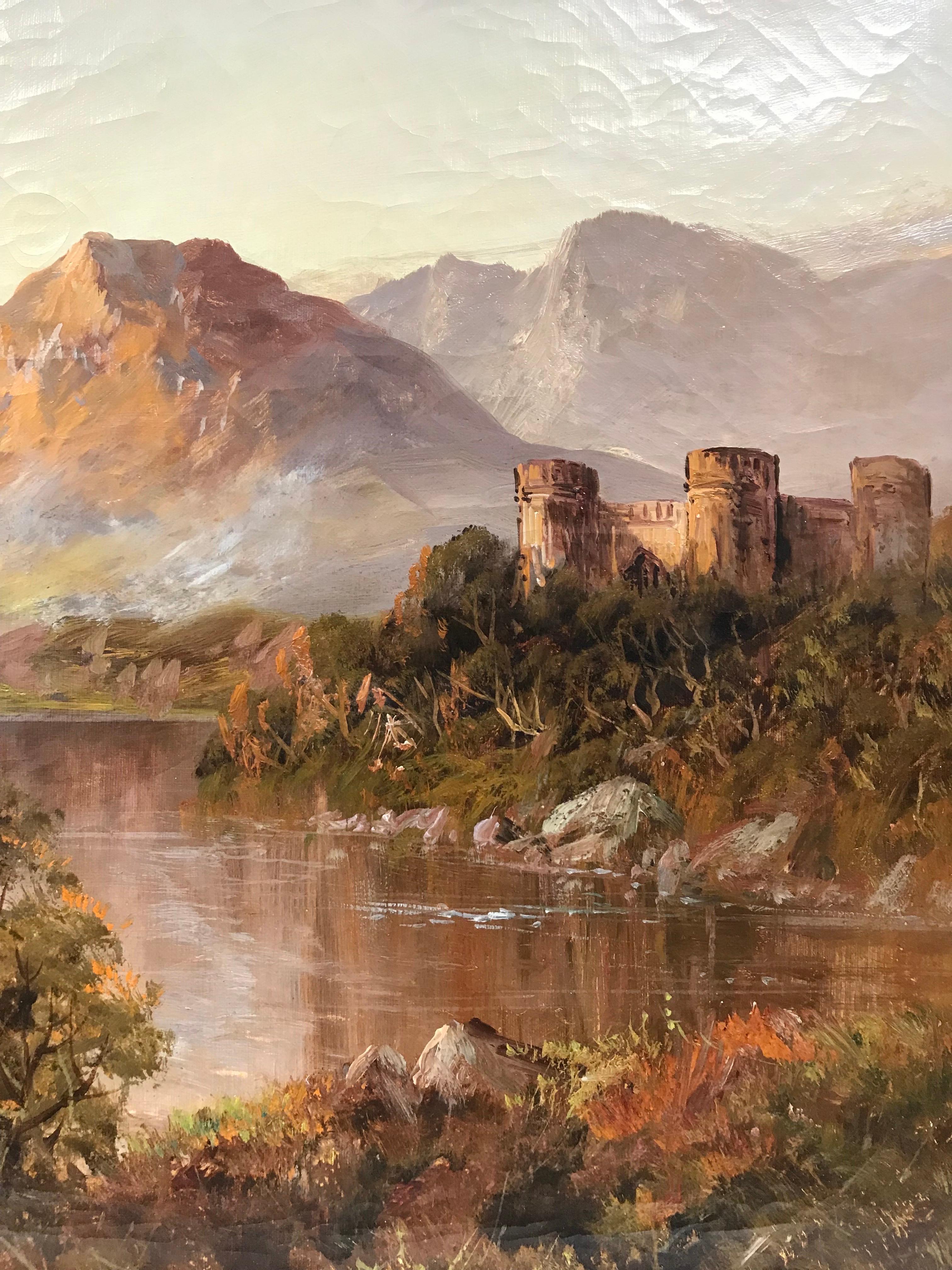 Antique Scottish Oil Painting Castle Ruins Highland Loch Scene Golden Sky 1