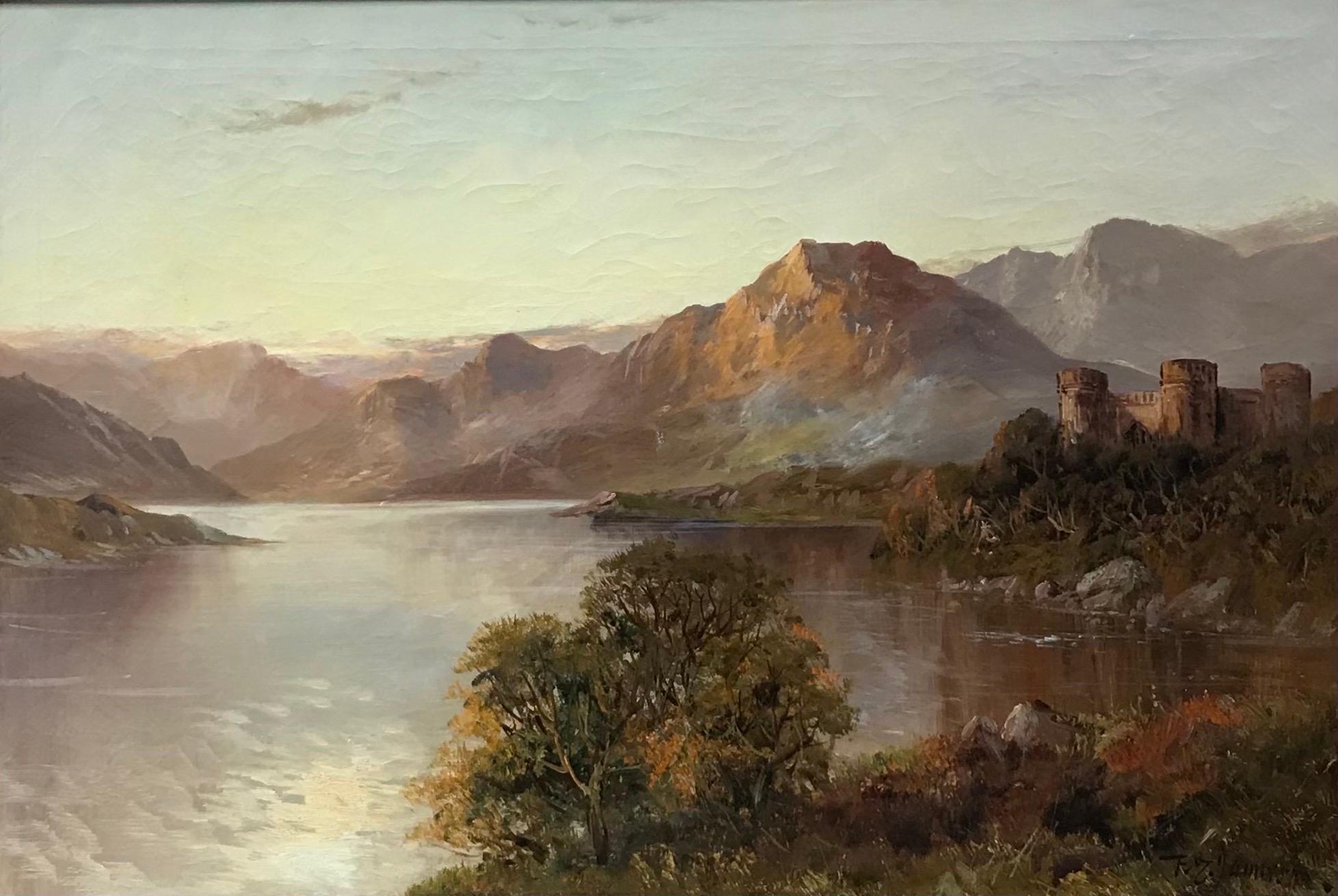 Francis E. Jamieson Landscape Painting - Antique Scottish Oil Painting Castle Ruins Highland Loch Scene Golden Sky
