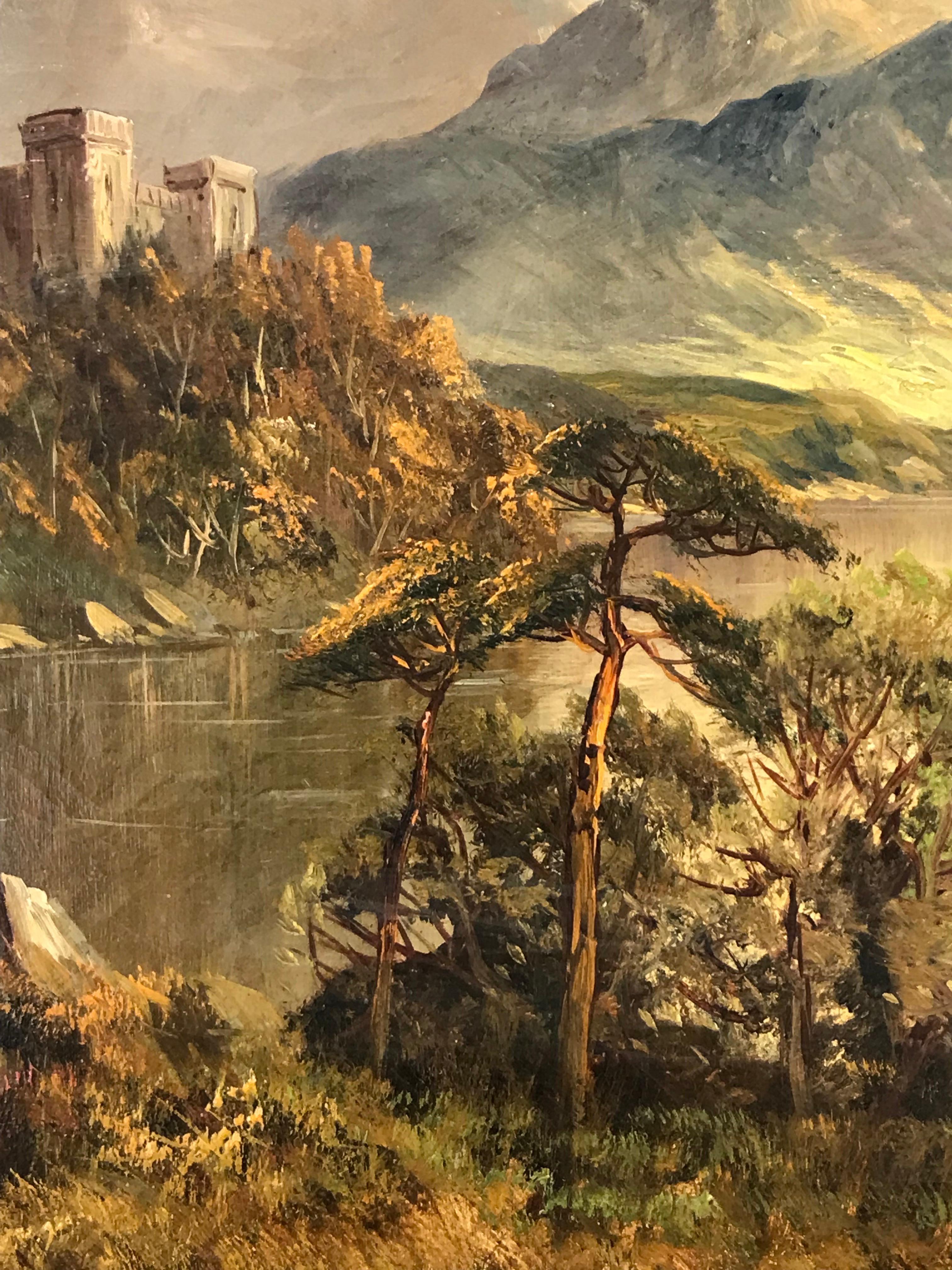 Artist/ School: F. E. Jamieson, British 1895-1950

Title: The Ancient Ruins over the Highland Loch

Medium: Oil on canvas, framed

Size:
framed: 25.5 x 35.5 inches
canvas : 20 x 30 inches

Provenance: from a collection in England. 

Condition: The