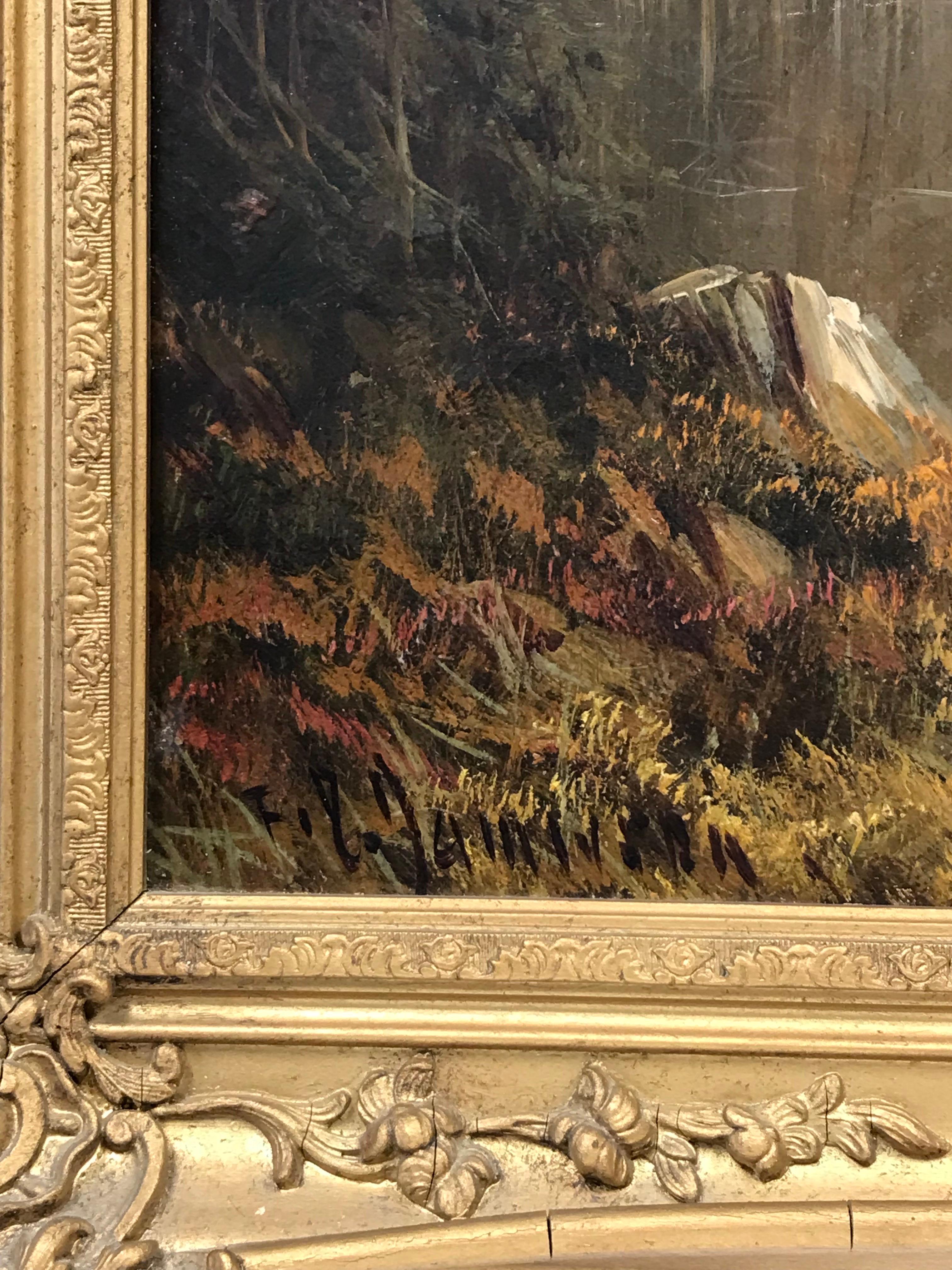Artist/ School: F. E. Jamieson, British 1895-1950

Title: The Ancient Ruins over the Highland Loch

Medium: Oil on canvas, framed

Size:
framed: 25.5 x 35.5 inches
canvas : 20 x 30 inches

Provenance: from a collection in England. 

Condition: The