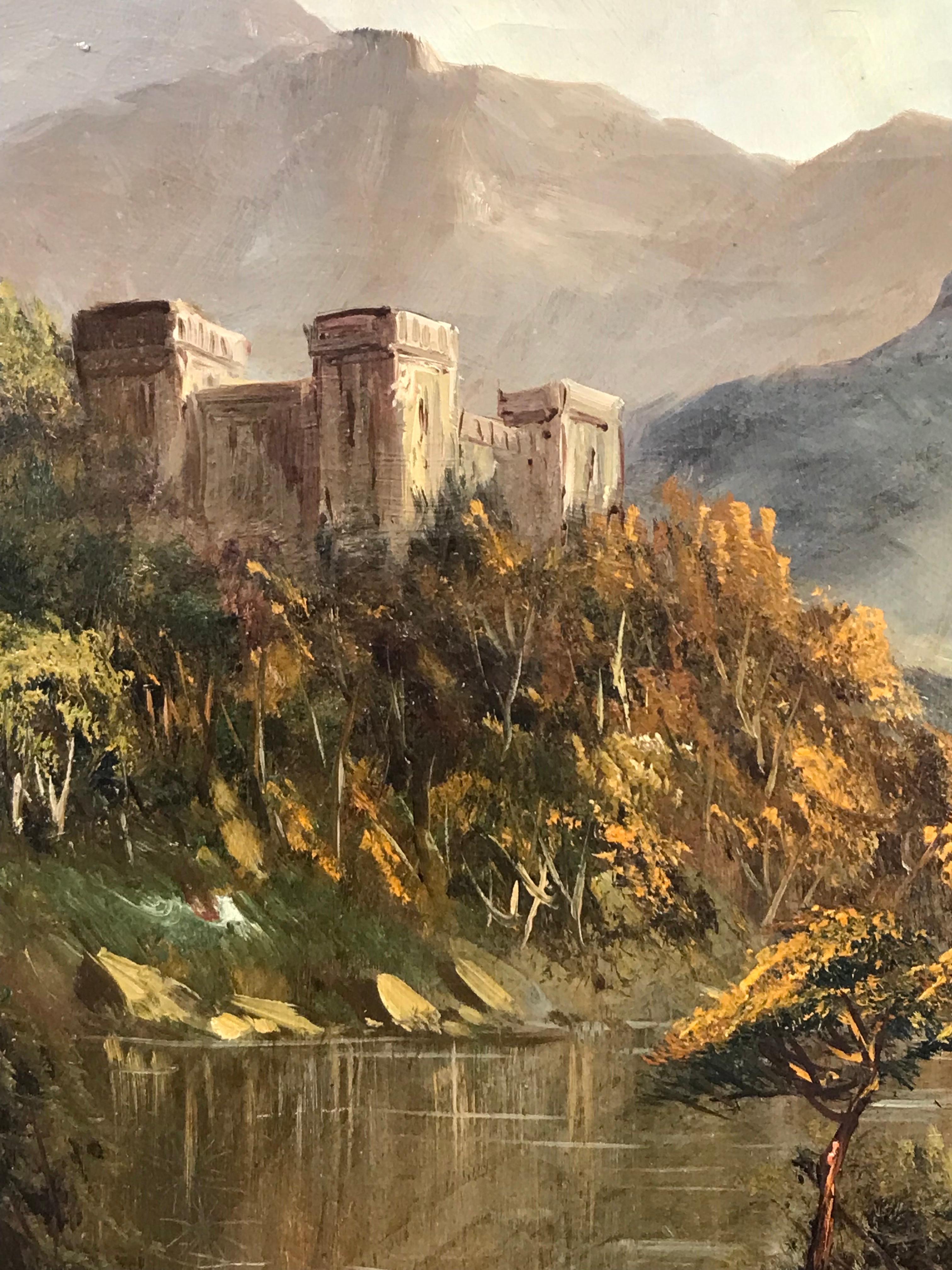 Antique Scottish Oil Painting Castle Ruins Overlooking Majestic Highland Loch 1