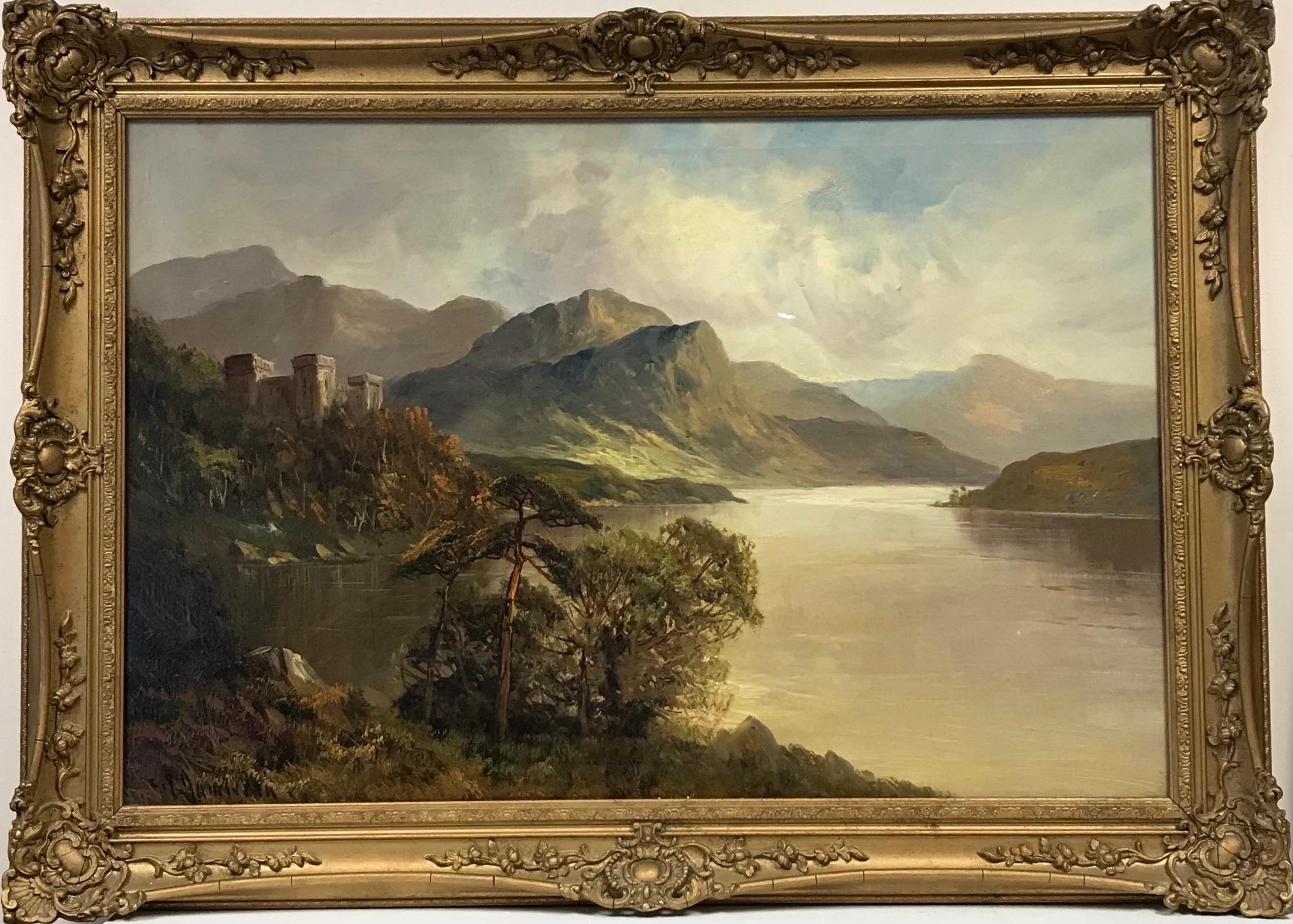 Francis E. Jamieson Landscape Painting - Antique Scottish Oil Painting Castle Ruins Overlooking Majestic Highland Loch