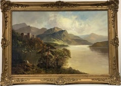 Antique Scottish Oil Painting Castle Ruins Overlooking Majestic Highland Loch
