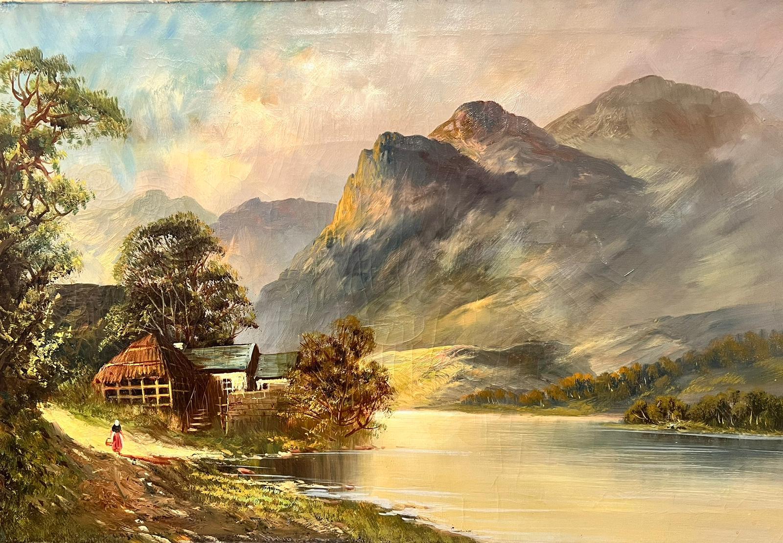 Francis E. Jamieson Landscape Painting - Antique Scottish Oil Painting Highland Loch Lady by Cottage Mountains