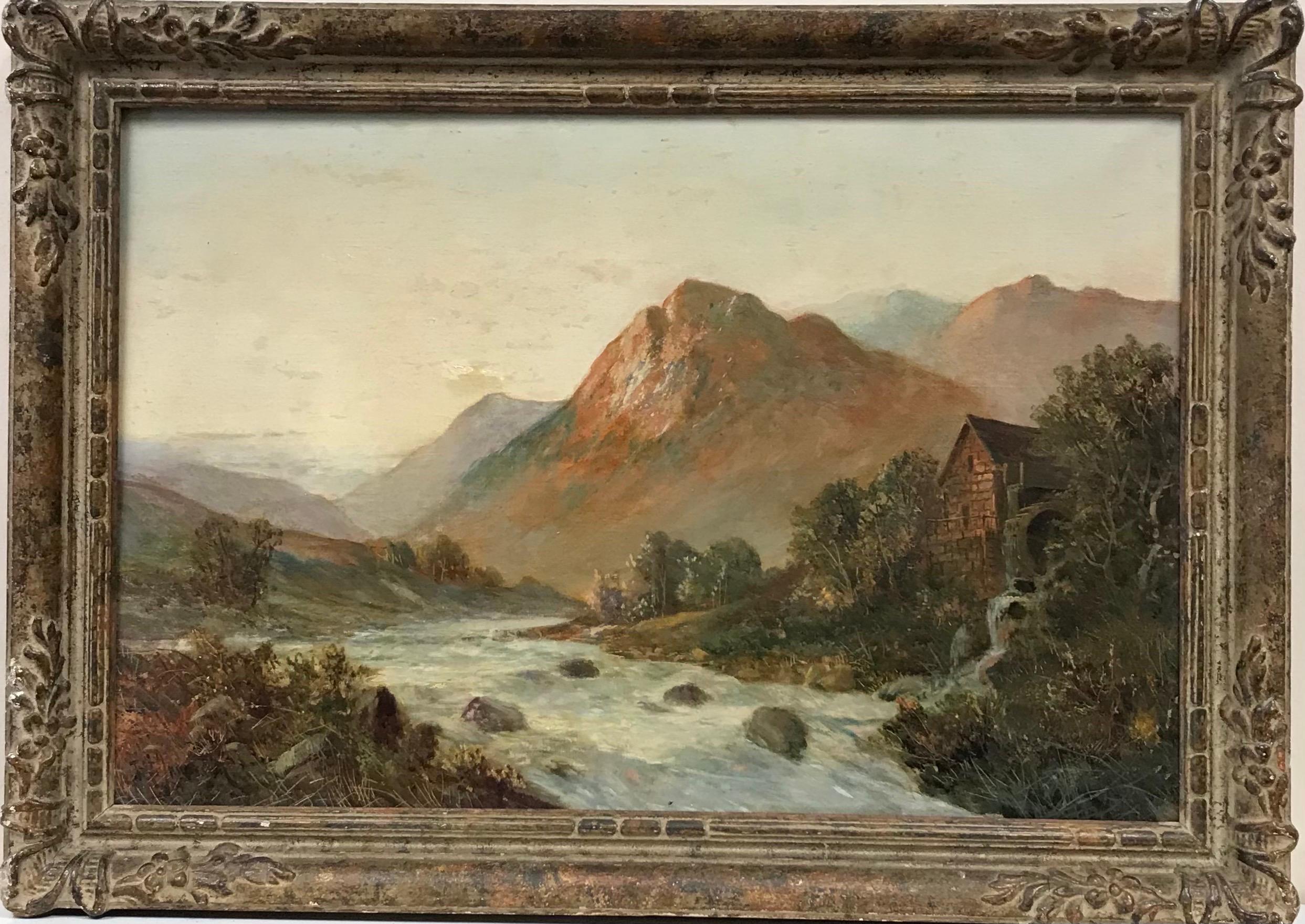 Antique Scottish Oil Painting - Highland River Landscape at Sunset - Brown Landscape Painting by Francis E. Jamieson