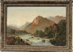 Peinture à l'huile écossaise ancienne - Paysage de rivière des Highlands au coucher du soleil