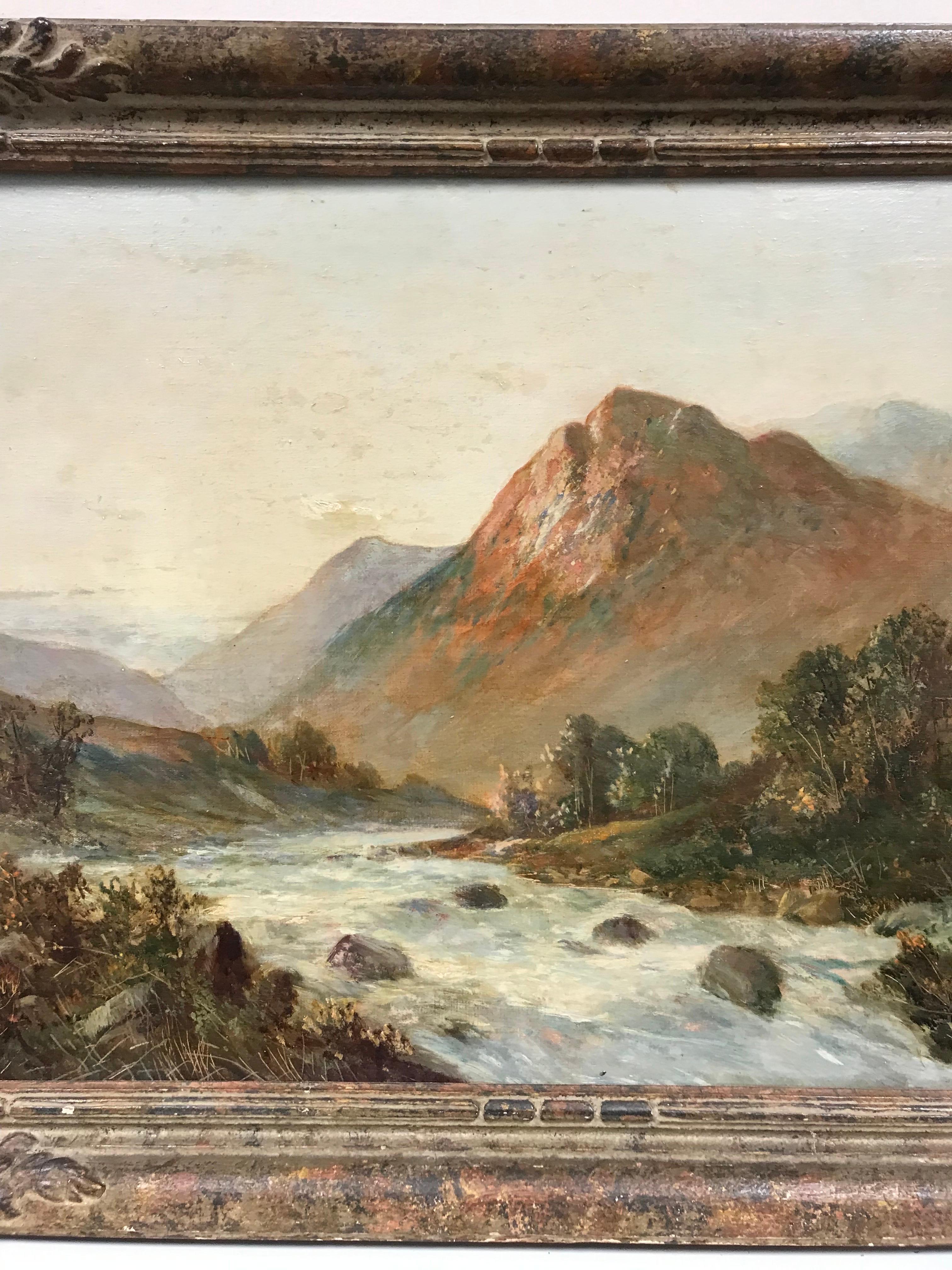 Antique Scottish Oil Painting - Highland River Landscape at Sunset For Sale 1