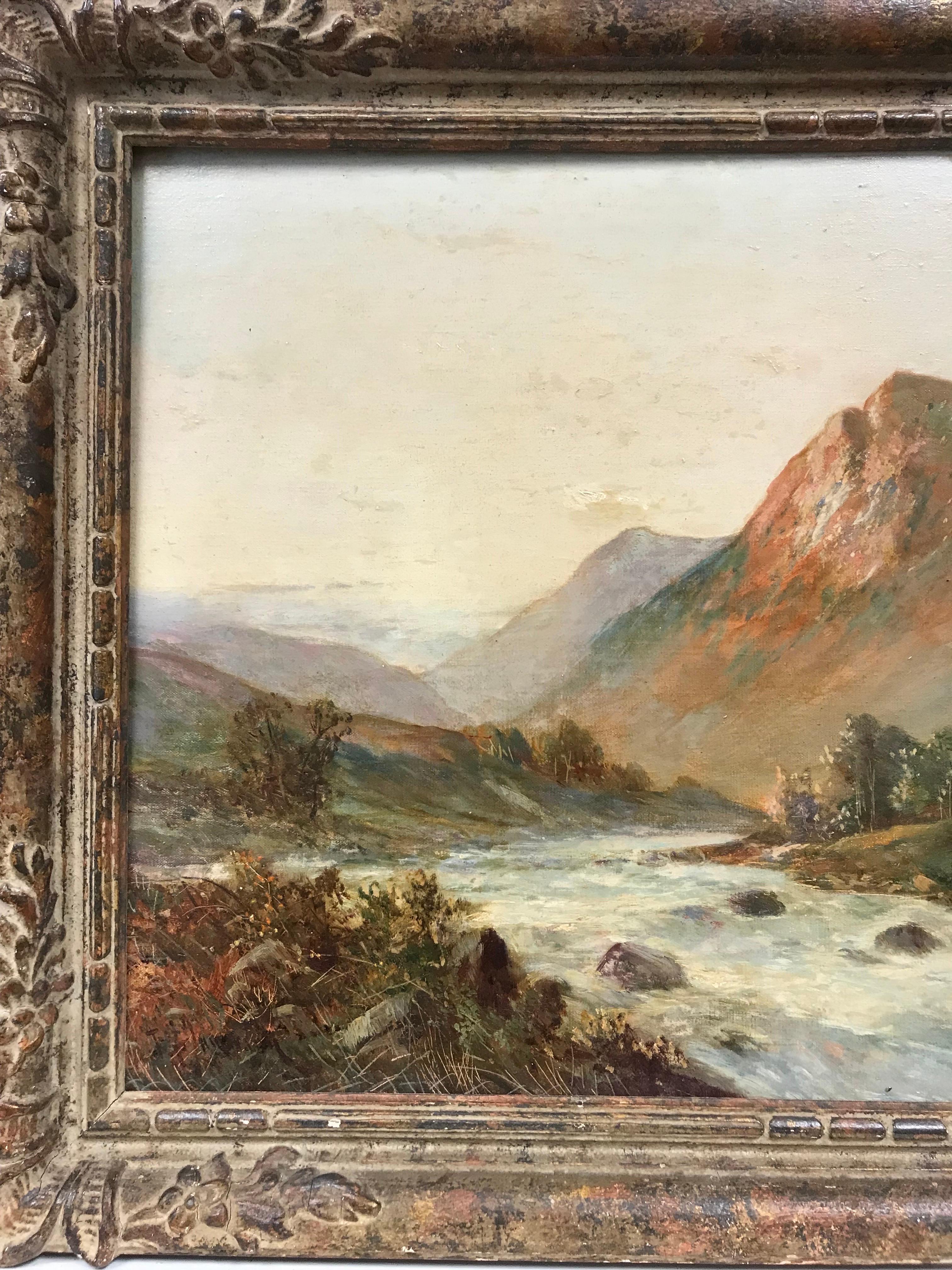 Antique Scottish Oil Painting - Highland River Landscape at Sunset For Sale 2