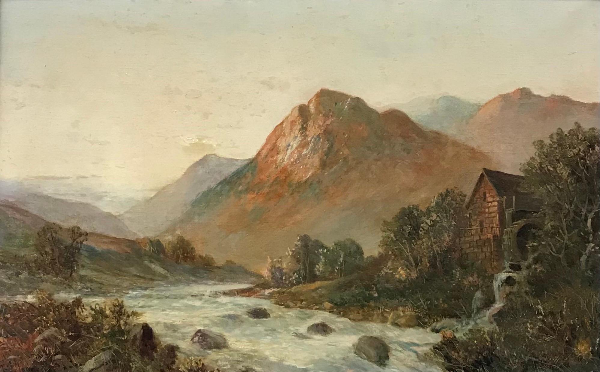 Antique Scottish Oil Painting - Highland River Landscape at Sunset