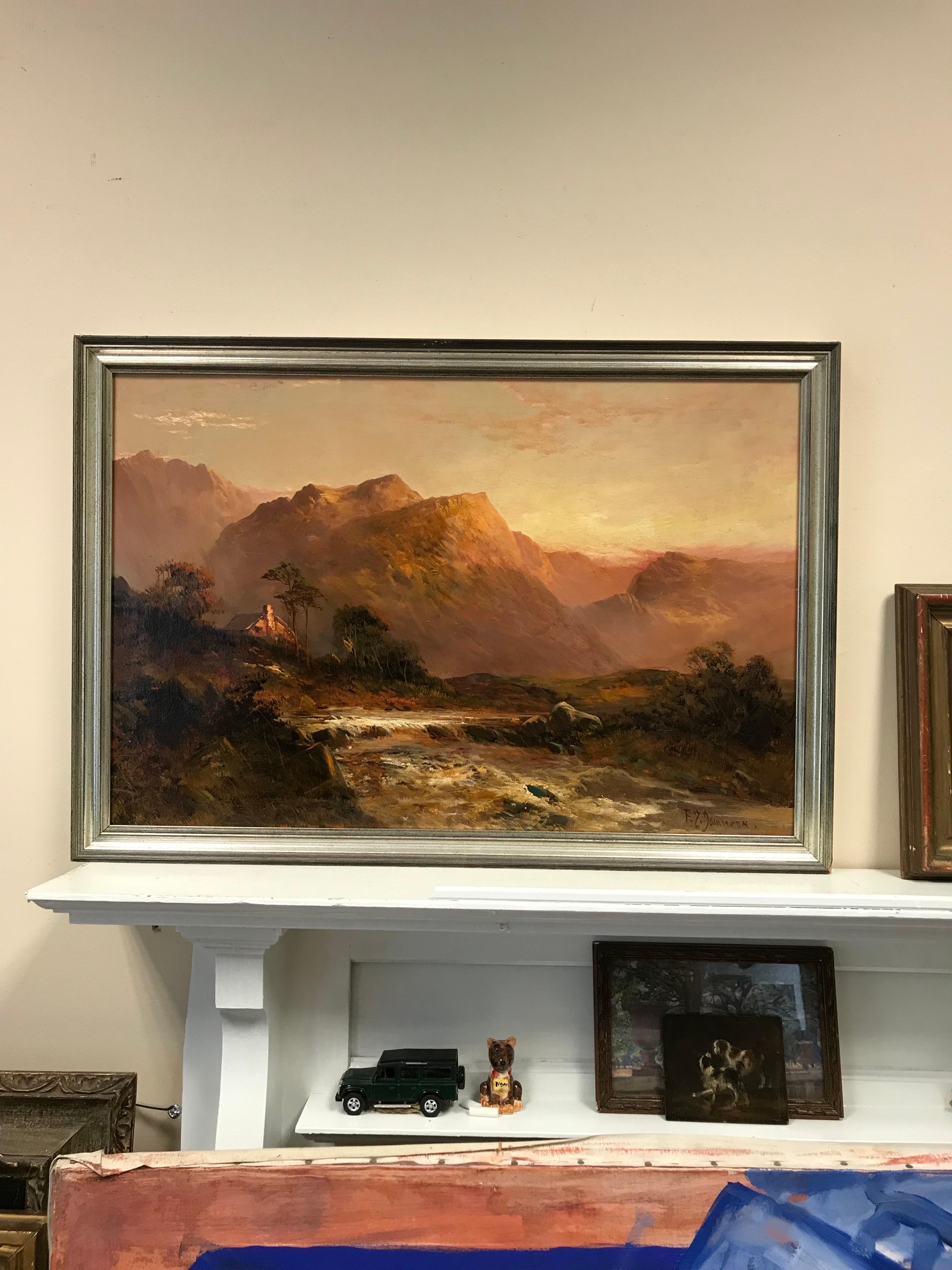 Antique Scottish Oil Painting Sunset Highland Glen with River Flowing through - Brown Landscape Painting by Francis E. Jamieson