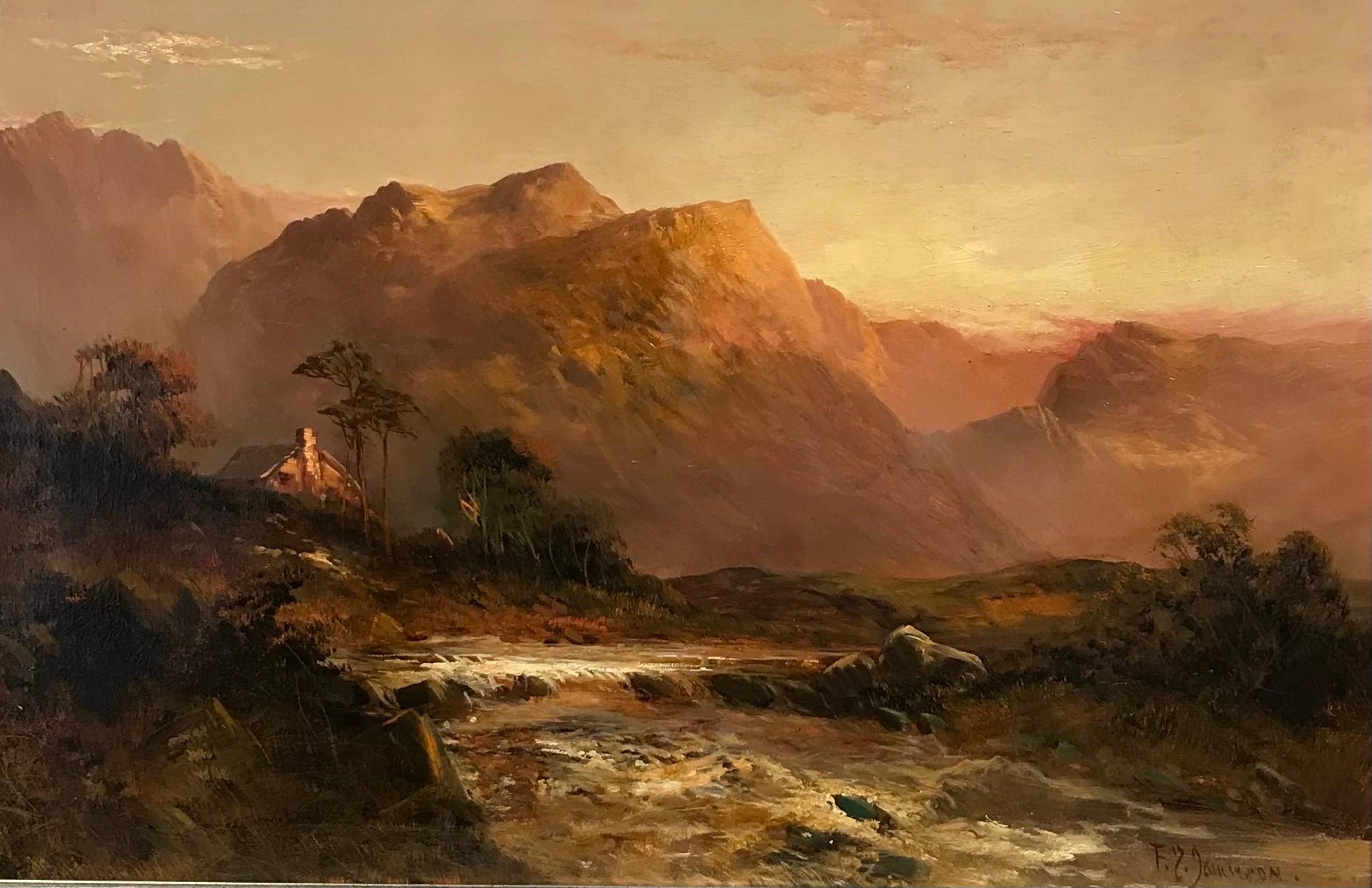 Francis E. Jamieson Landscape Painting - Antique Scottish Oil Painting Sunset Highland Glen with River Flowing through