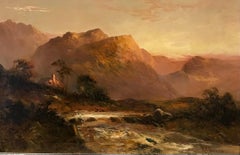 Antique Scottish Oil Painting Sunset Highland Glen with River Flowing through