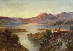 Antique Scottish Oil Painting Sunset Loch Tay