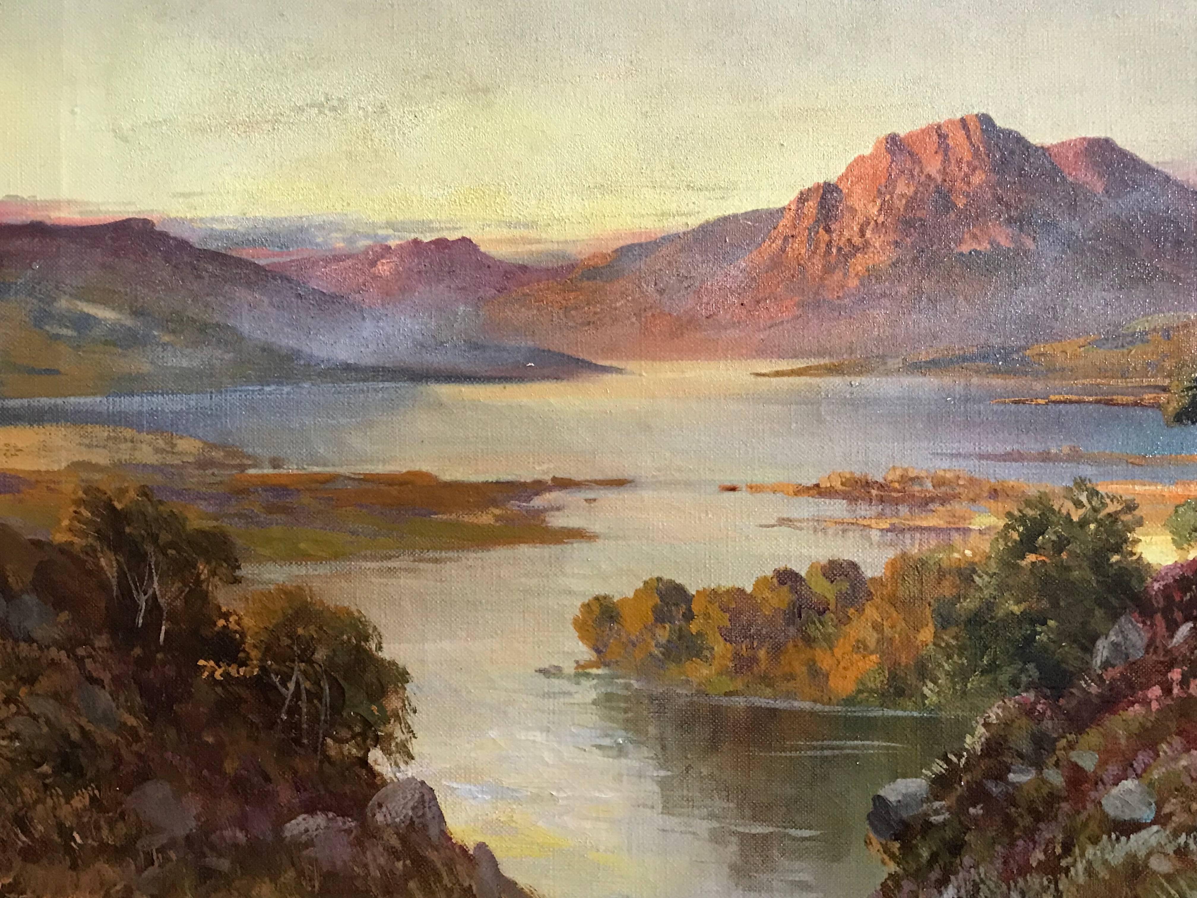 Antique Scottish Oil Painting Sunset Loch Tay - Brown Landscape Painting by Francis E. Jamieson