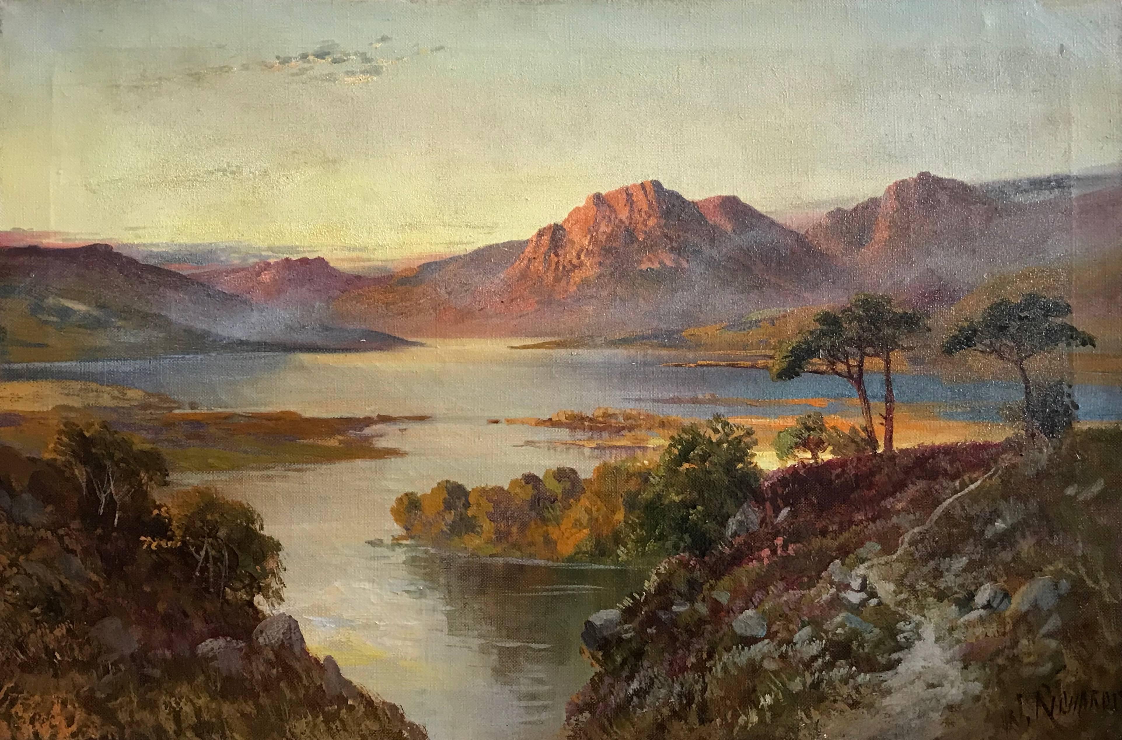 Francis E. Jamieson Landscape Painting - Antique Scottish Oil Painting Sunset Loch Tay