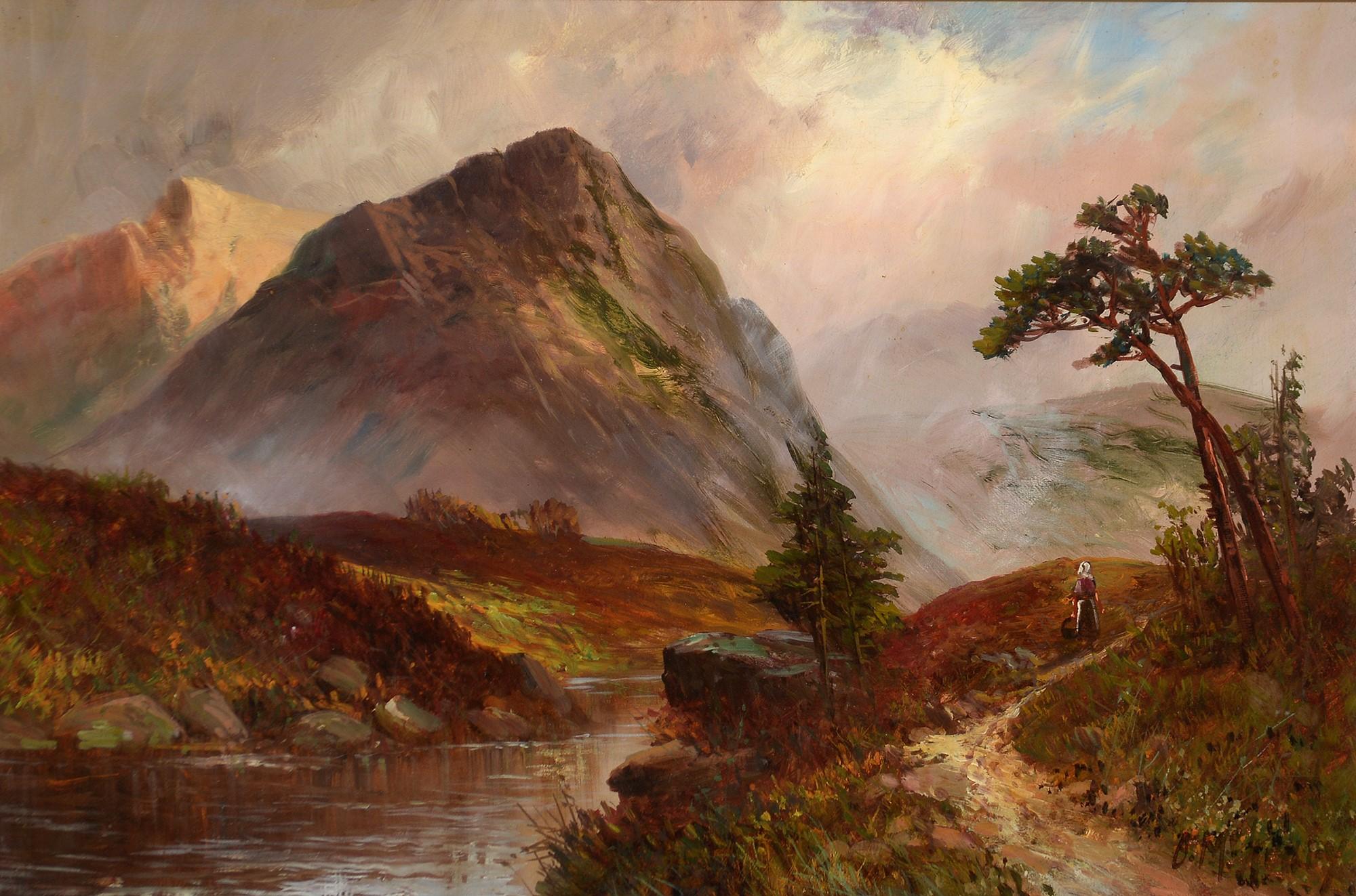 Francis E. Jamieson Landscape Painting - Antique Scottish Oil Painting Sunset Lomond with Figure on Path