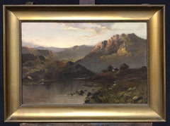 Antique Welsh Oil Painting Sunset over Lake & North Wales Hills, Signed Oil