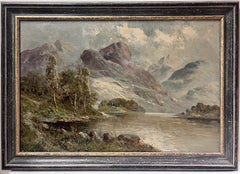 Atmospheric Antique Scottish Highlands Loch Landscape Signed Oil Painting