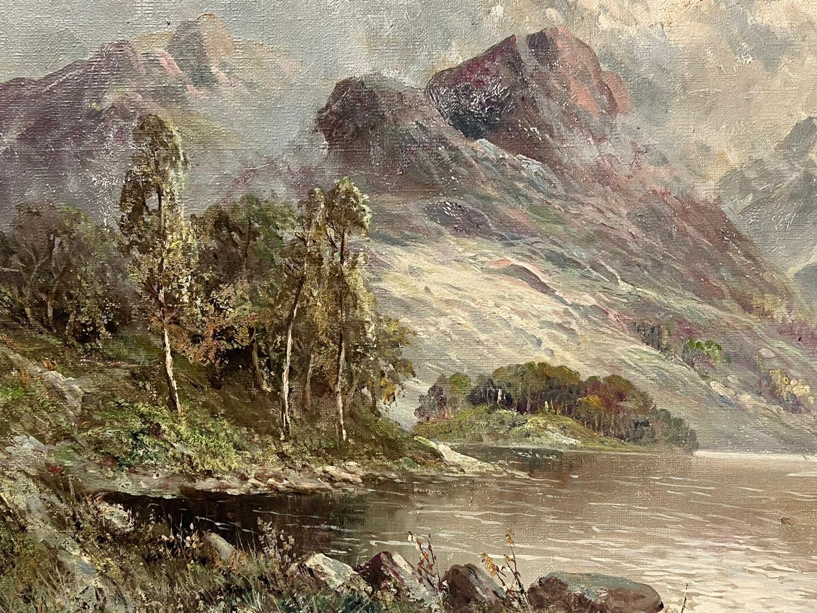 Atmospheric Antique Scottish Highlands Loch Landscape Signed Oil Painting For Sale 1
