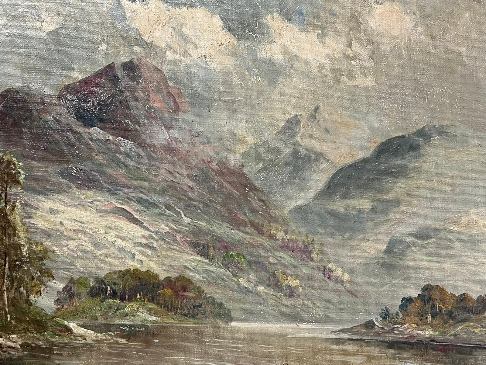 Atmospheric Antique Scottish Highlands Loch Landscape Signed Oil Painting For Sale 2