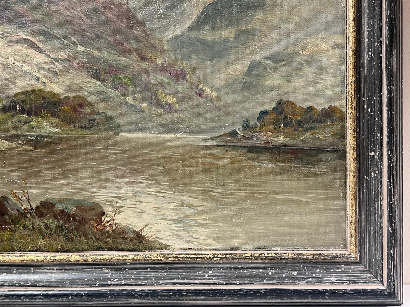 Atmospheric Antique Scottish Highlands Loch Landscape Signed Oil Painting For Sale 3