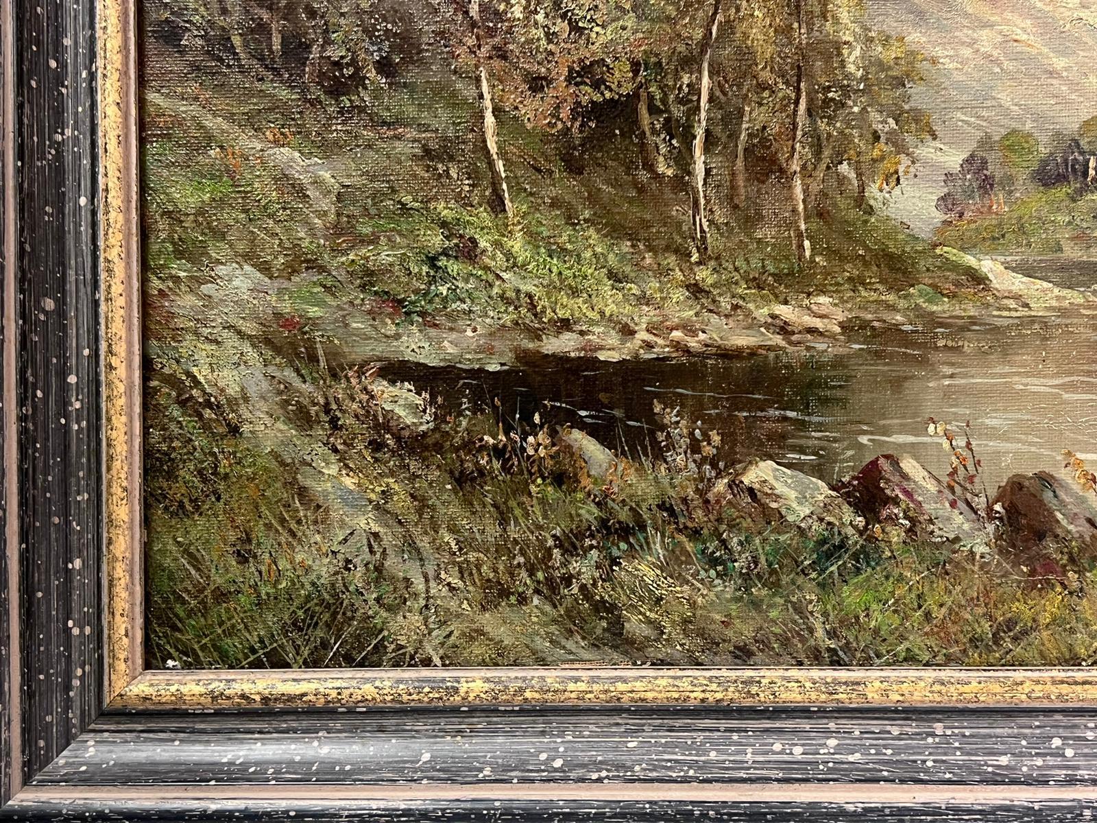 Atmospheric Antique Scottish Highlands Loch Landscape Signed Oil Painting For Sale 4