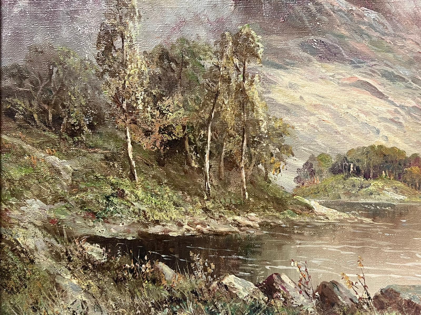 Atmospheric Antique Scottish Highlands Loch Landscape Signed Oil Painting For Sale 5