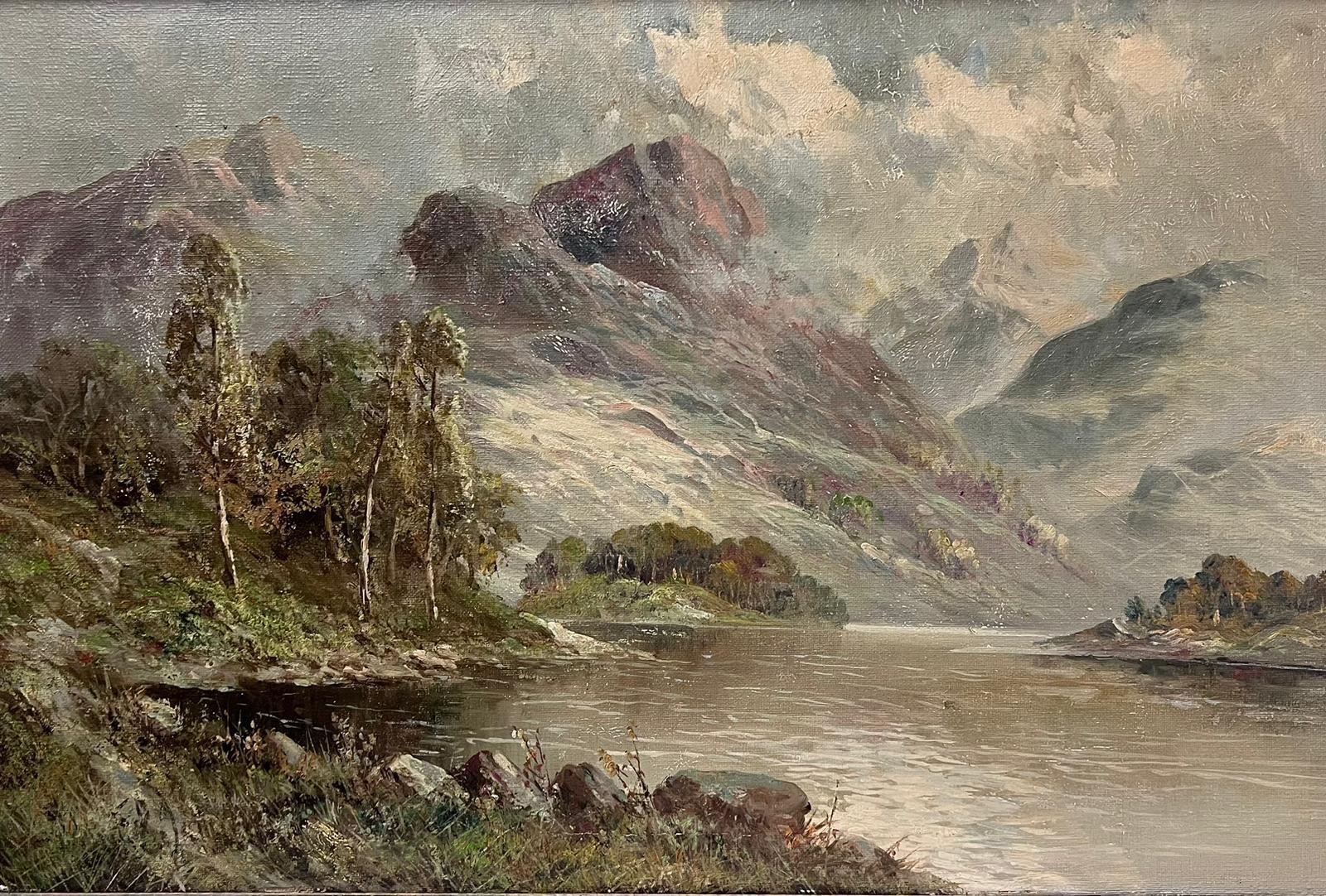 Atmospheric Antique Scottish Highlands Loch Landscape Signed Oil Painting
