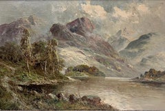 Peinture à l'huile ancienne de paysage atmosphérique des Highlands écossais signée Loch Landscape