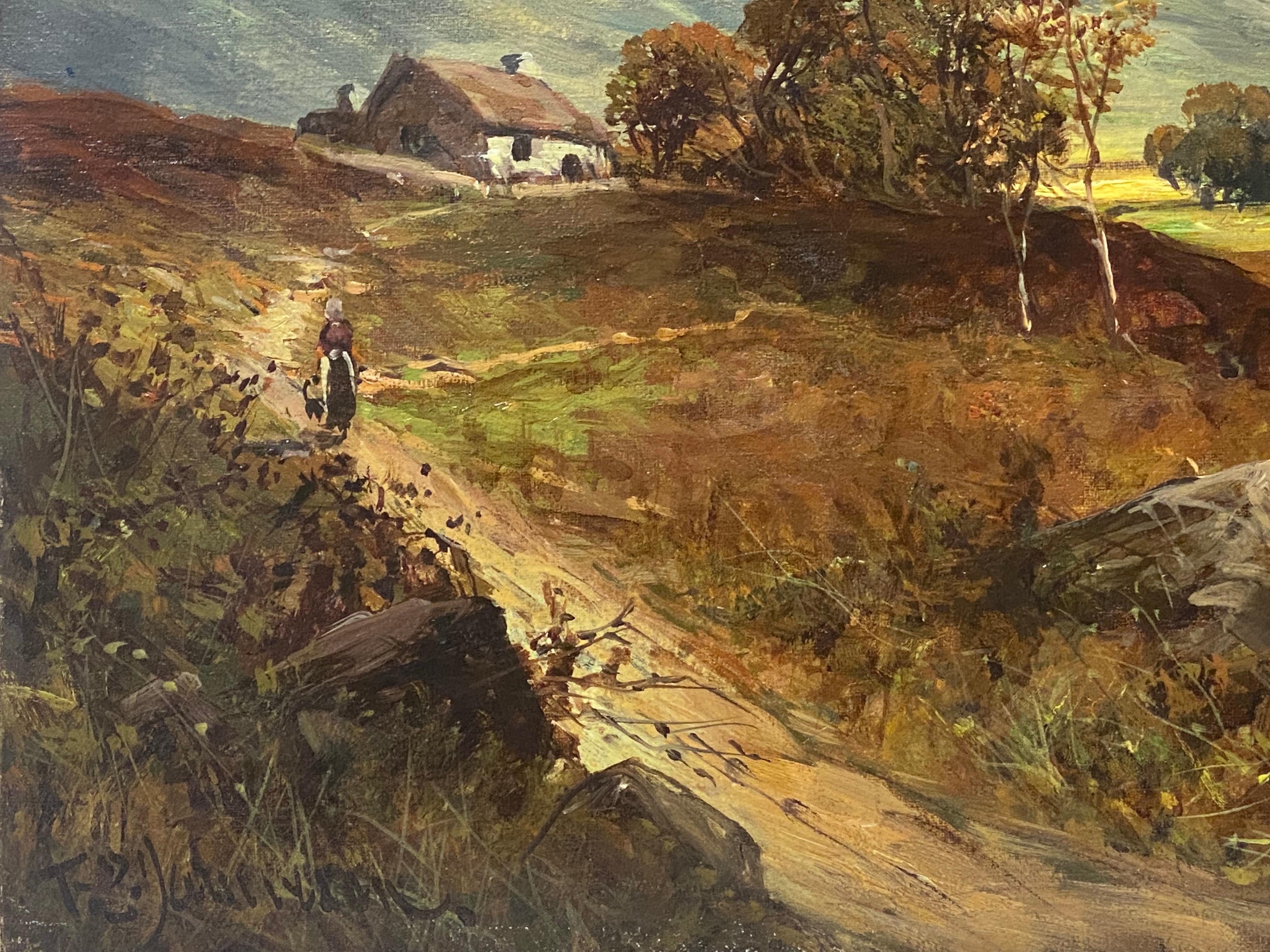 Beautiful Antique Scottish Highlands Oil Painting Figure Walking beside Loch Eck - Brown Landscape Painting by Francis E. Jamieson