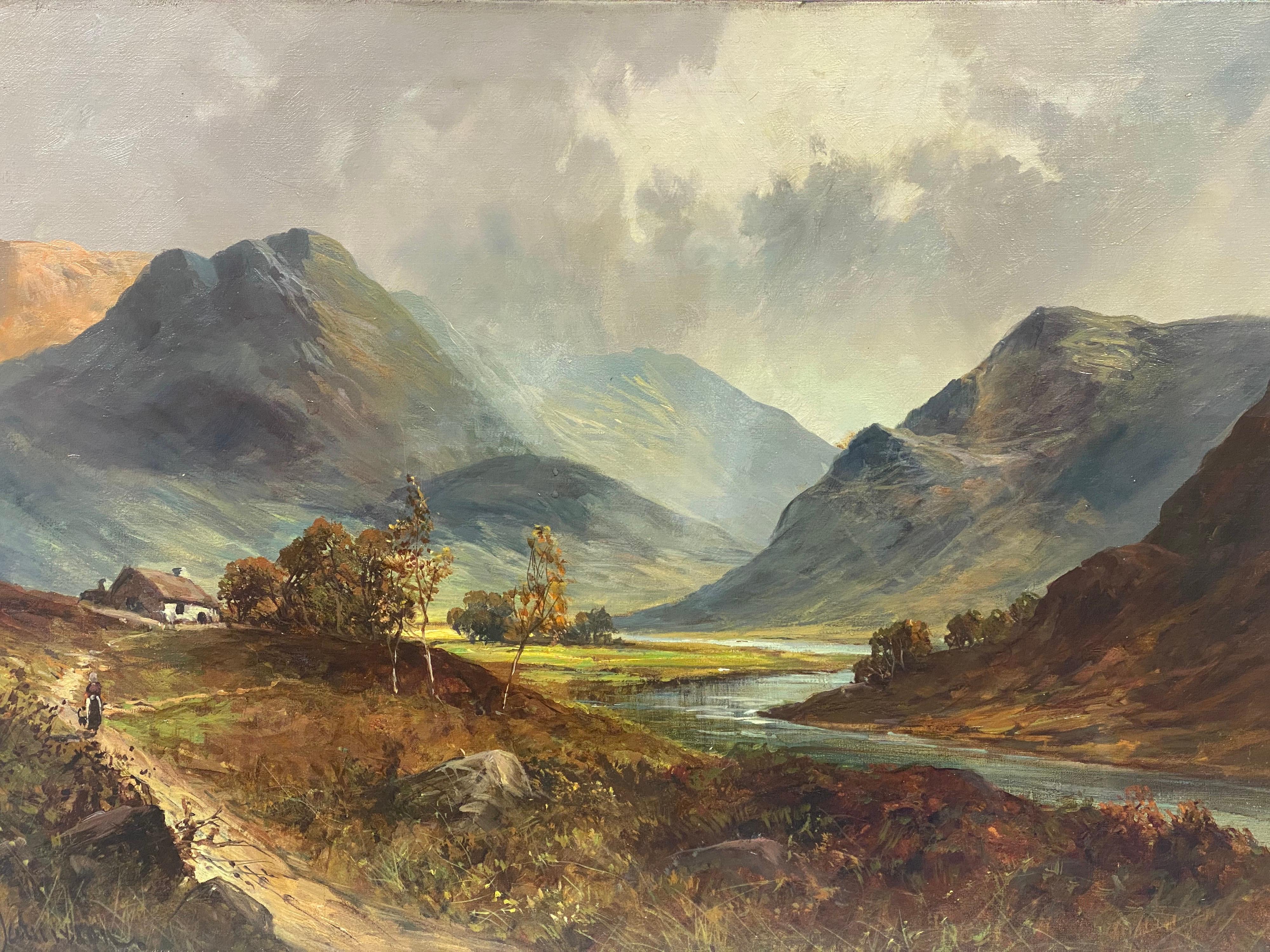 Francis E. Jamieson Landscape Painting - Beautiful Antique Scottish Highlands Oil Painting Figure Walking beside Loch Eck