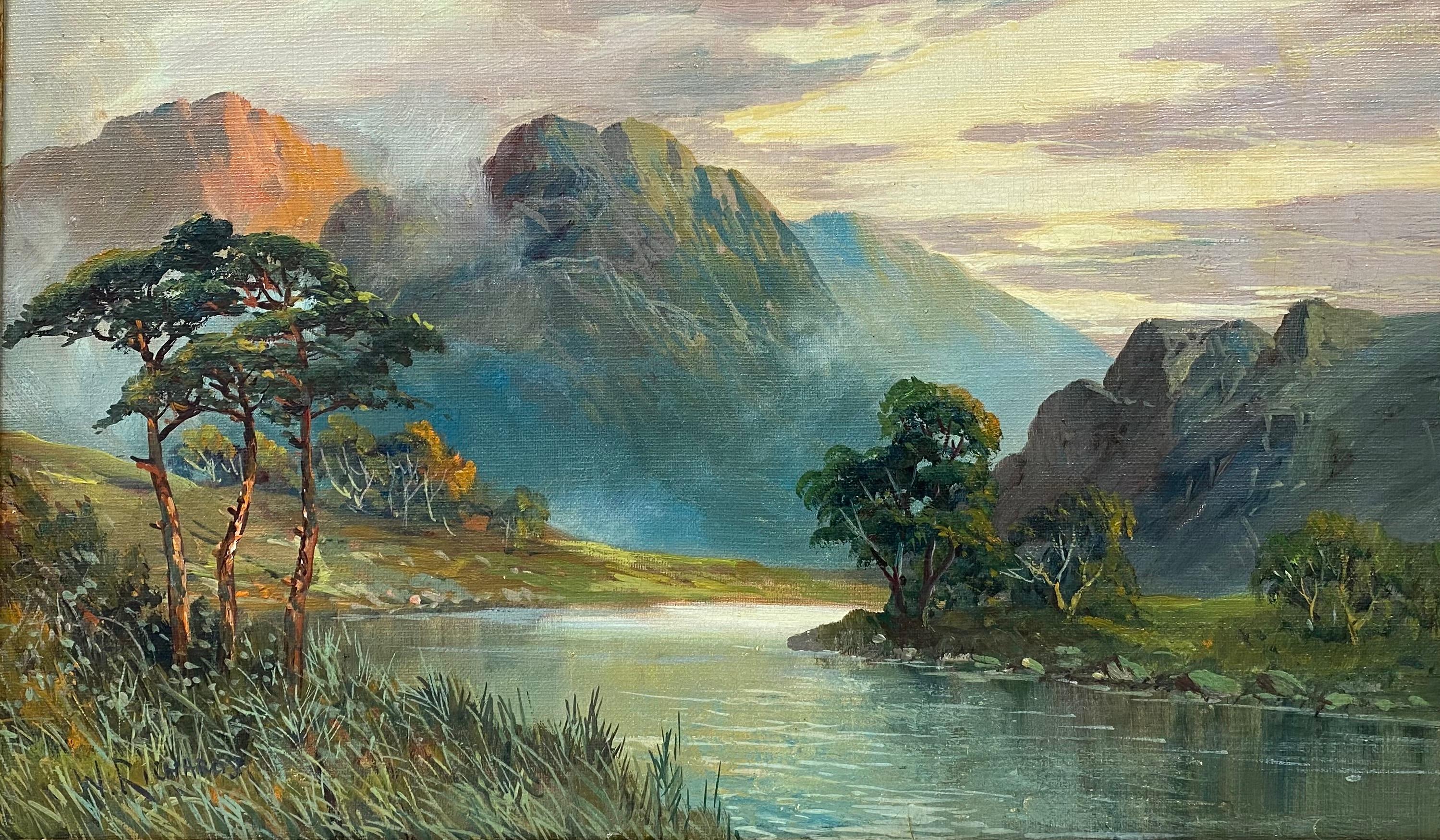 Francis E. Jamieson Figurative Painting - Beautiful Antique Scottish Highlands Oil Painting River Landscape